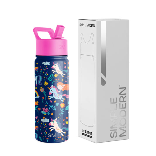 Botella de Agua Simple Modern Unicorn Rainbows con Boquilla de Pajita para Niñas