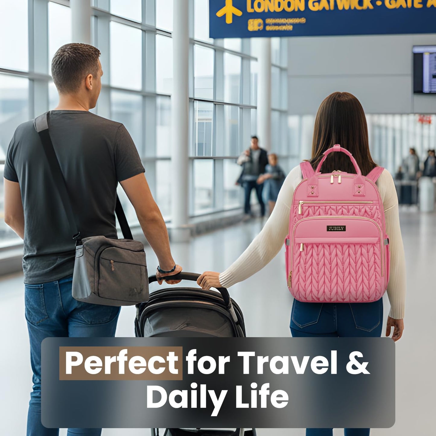 Jubily - Mochila para pañales de 30 L, impermeable, con 5 compartimentos, 20 bolsillos, ranura para portátil y cambiador (rosa)