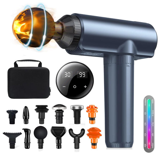 YUDSKU Pistola De Masajes,Pistola Masajeadora con 12 Cabezales y 30 Velocidades Ajustables,Masajeadores Eléctrico de Mano con Pantalla LED,Masajeador Muscular Ideal para Hombros,Cuello,Espalda