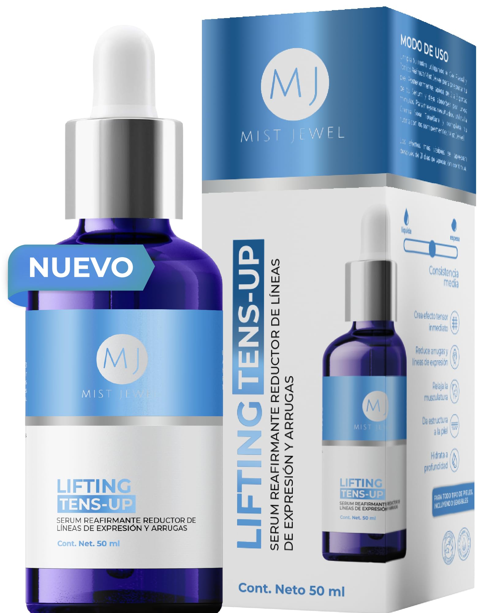 MIST JEWEL Serum facial con efecto tensor lifting Tens-Up, con ingredientes antiedad y ácido hialurónico para cuidado facial de 50ml | suero reafirmante reductor de arrugas y lineas de expresion en rostro y cuello