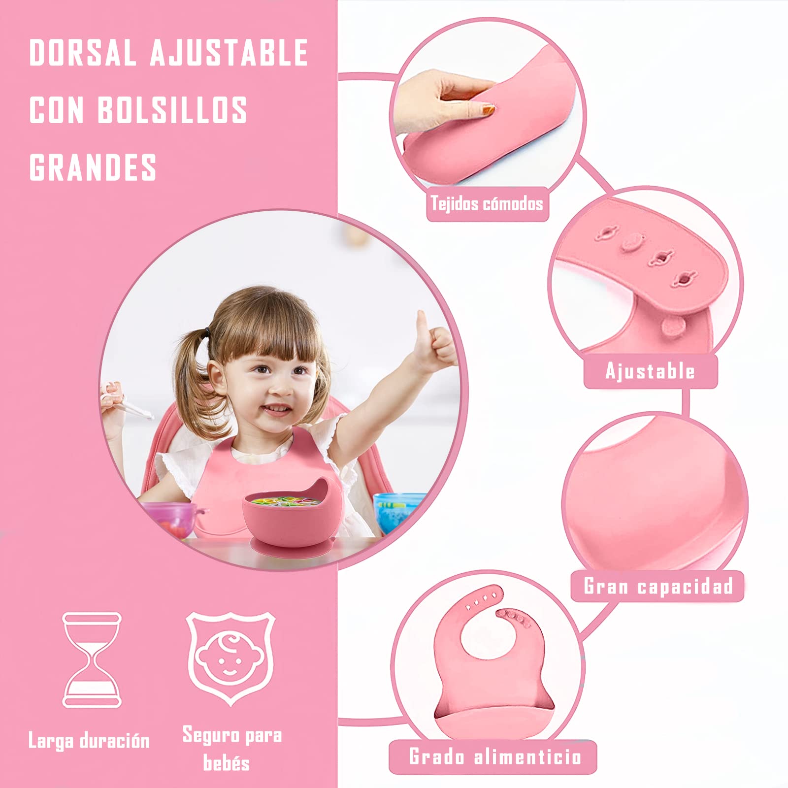 Platos de Silicona para Bebé Antivuelco Set de 10 Piezas Rosa para Niño/Niña