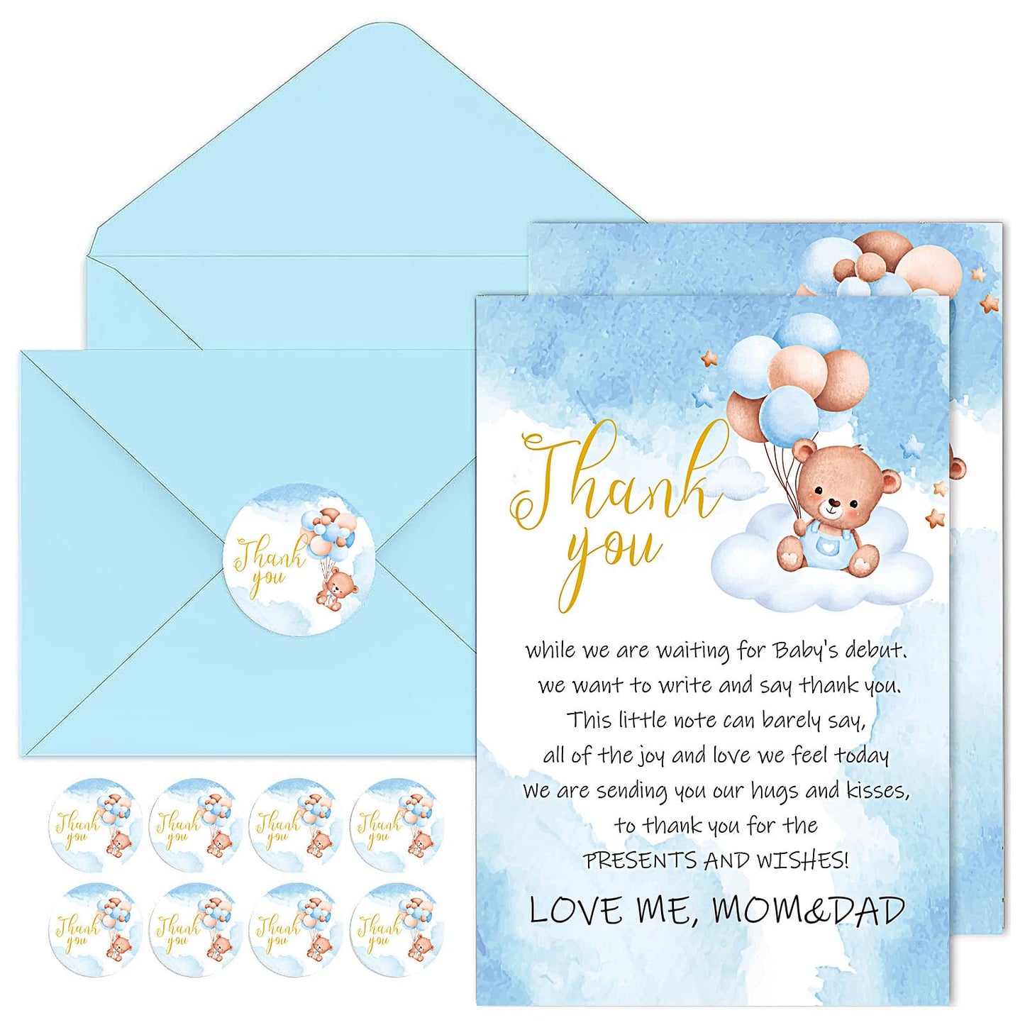 BYBOUS - Paquete de 50 tarjetas de agradecimiento para baby shower, color azul