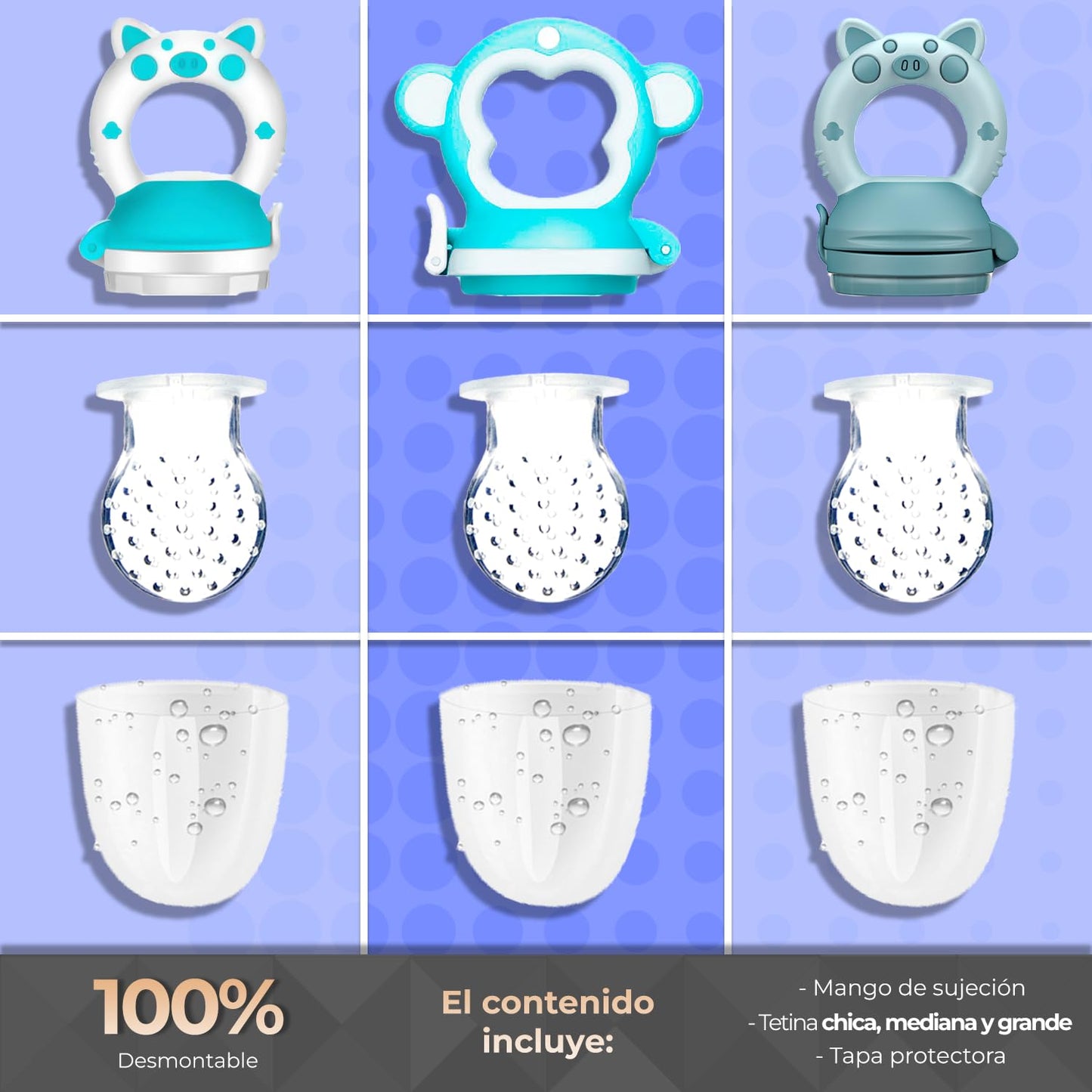 Chupones alimentadores para frutas y papillas con tapa libre de bpa, dibujos animados, 4m+ 3 piezas (pig azul / pig blanco azul / monkey azul)
