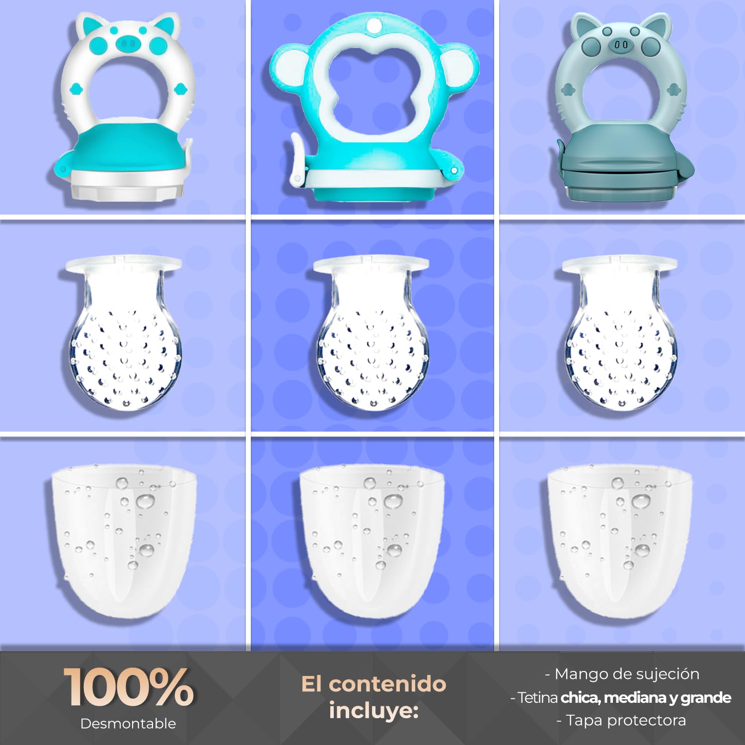 Chupones alimentadores para frutas y papillas con tapa libre de bpa, dibujos animados, 4m+ 3 piezas (pig azul / pig blanco azul / monkey azul)