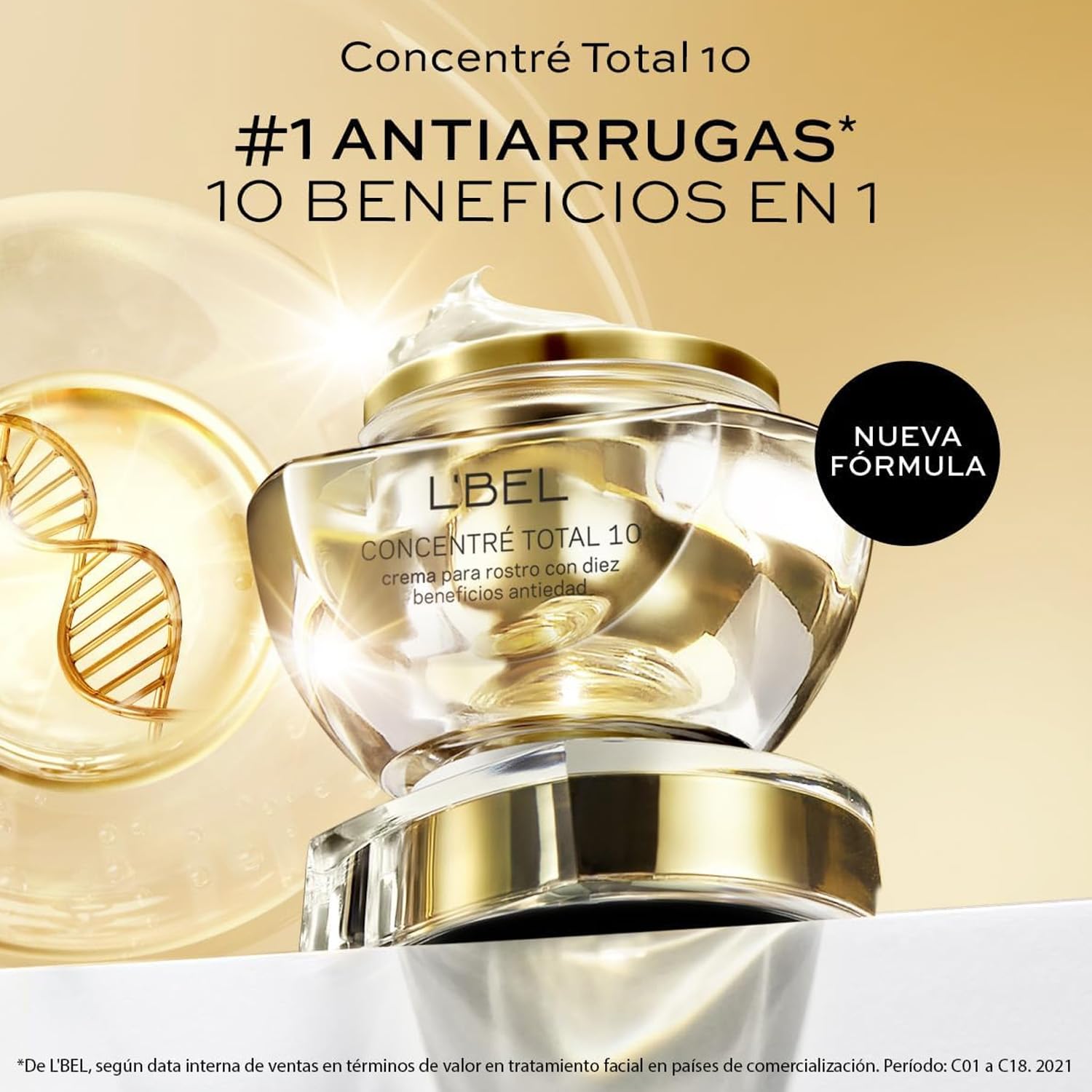 L'BEL - Concentré Total 10 Crema Hidratante 50 g, Crema Antiarrugas y Antiedad Facial, con 10 Beneficios, Ilumina, Revitaliza, Nutre y Repara, con Maitakie Imperial y Tecnología GeneticComplex