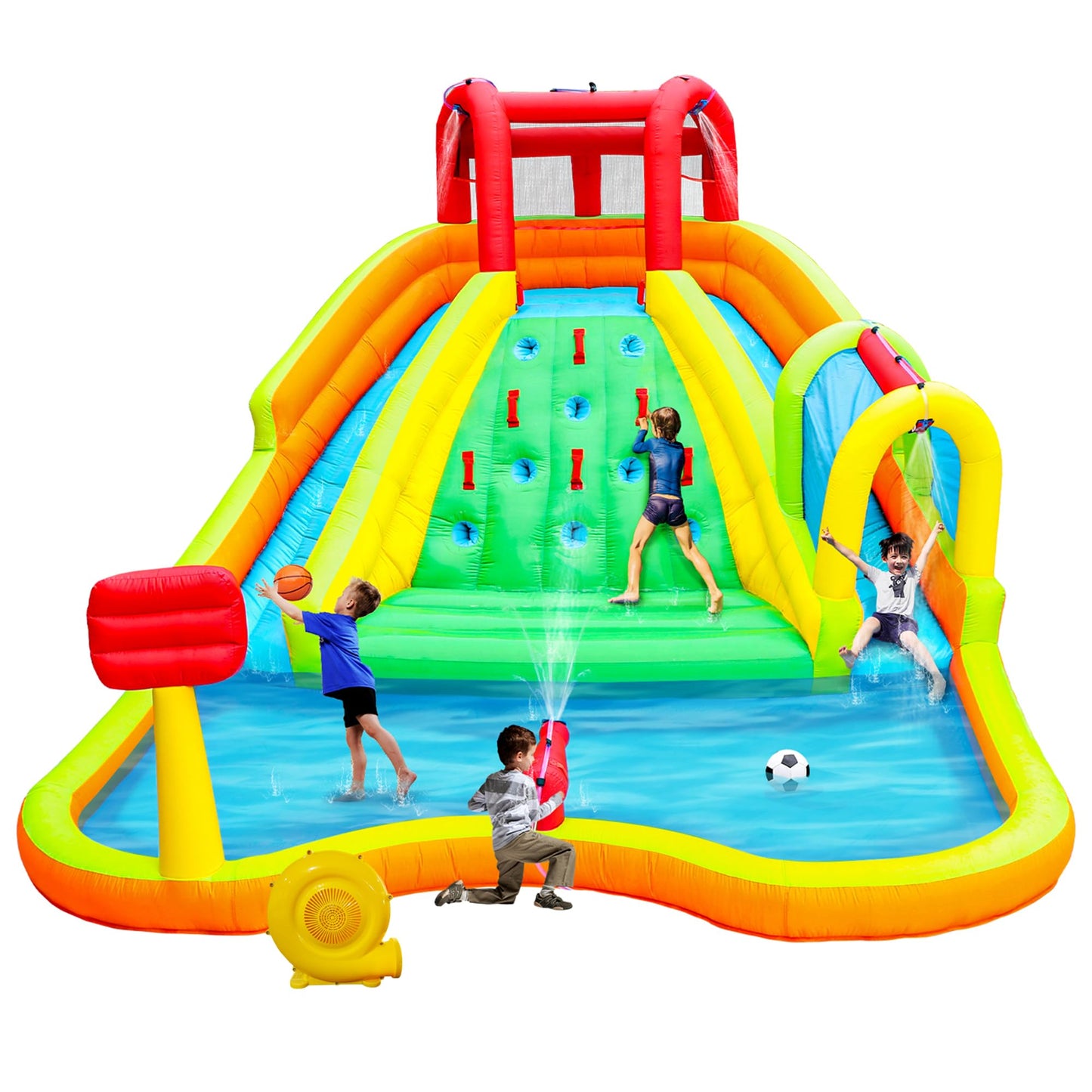 Parque Inflable WELLFUNTIME Azul con Doble Toboganes y Casa de Rebote