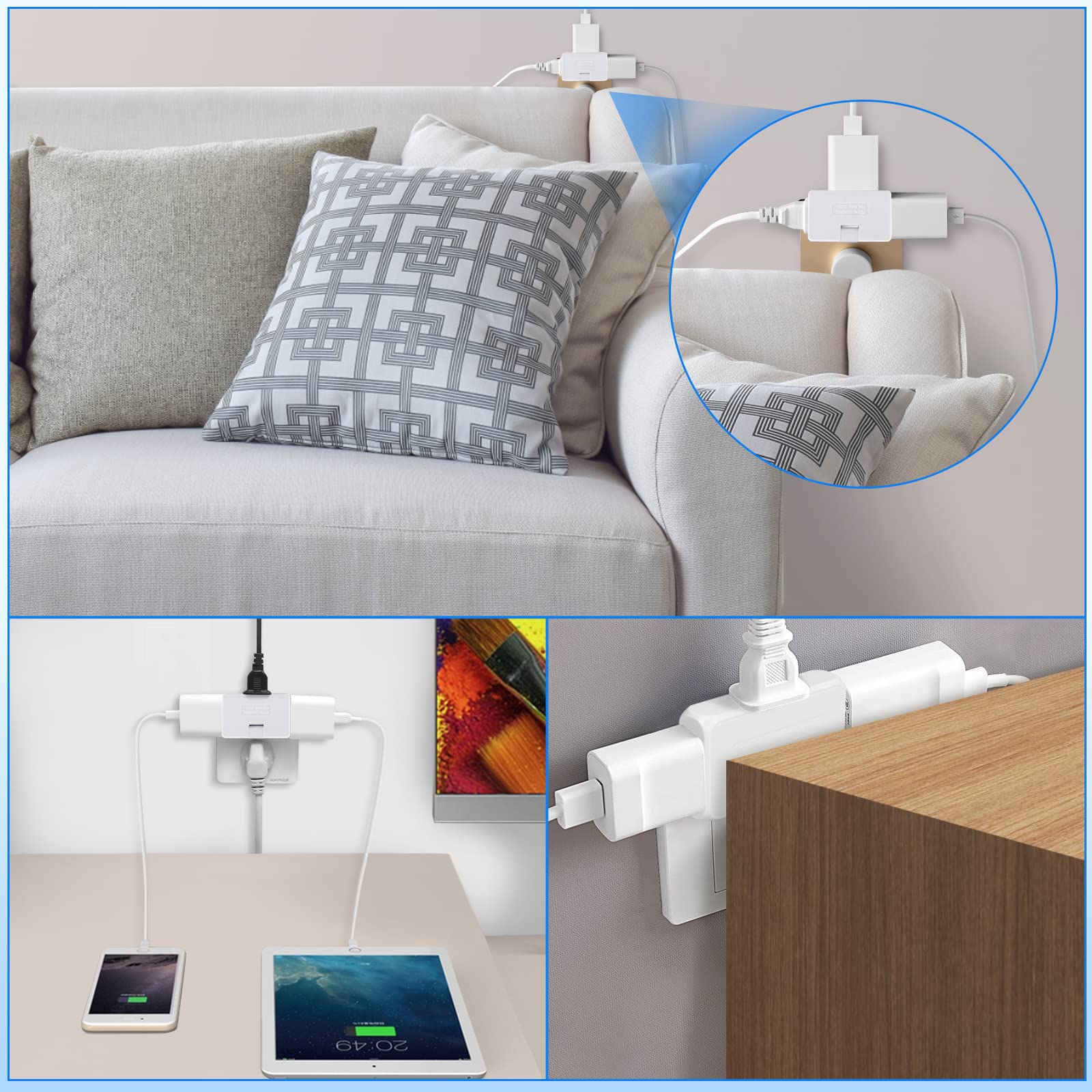 Paquete de 3 extensores de enchufe de pared planos AC con adaptador de enchufe plano, adaptador de pared plegable de 3 vías Mani Plug para hogar y viajes (blanco)