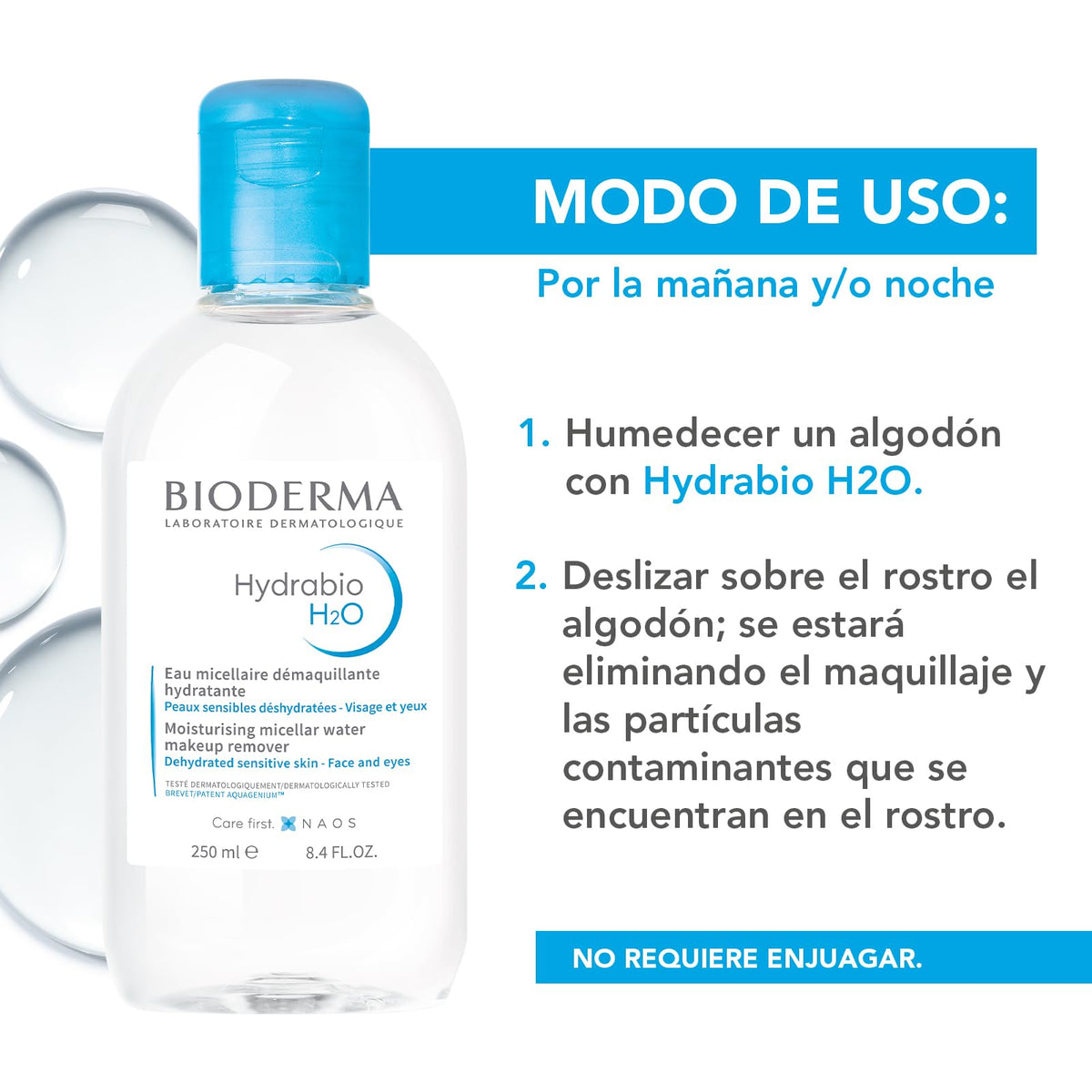 BIODERMA, Hydrabio H2O, Agua Micelar Dermatológica, Limpieza e Hidratación Profunda, Skincare Piel Deshidratada, 250ML