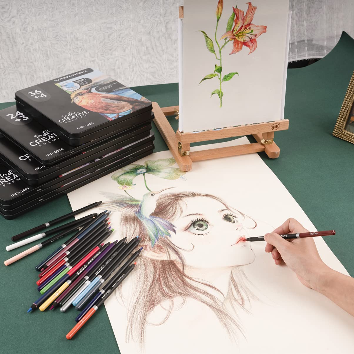 Colores acuarelables Indra Creative 48+5 lápices profesionales de acuarela con pincel y sacapuntas para adultos y niños