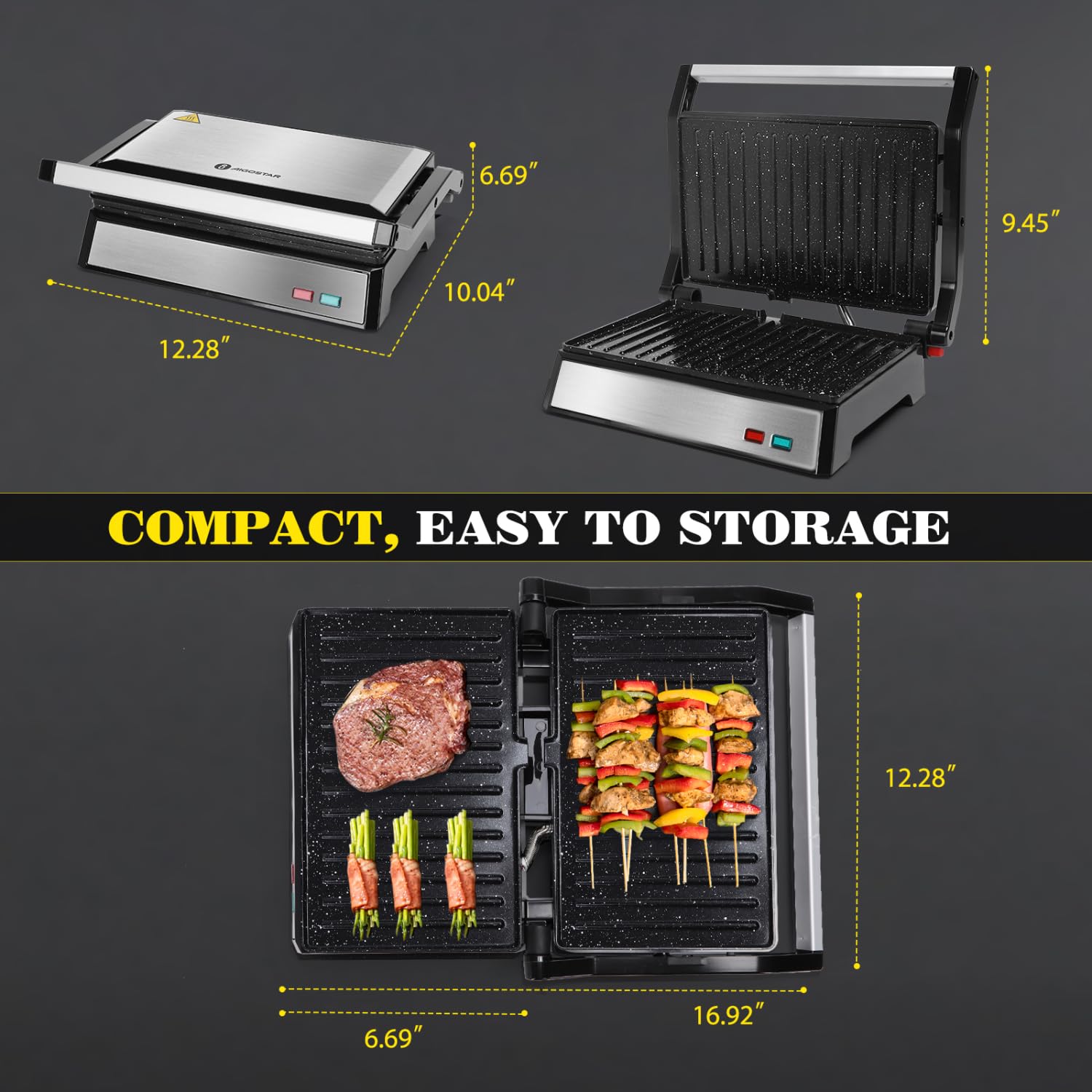 Aigostar Prensa Panini, 1200 W, Parrilla Eléctrica Interior, Placas de Cerámica Antiadherentes, Abre 180° para Adaptarse a Cualquier Tamaño de Alimentos, Negro