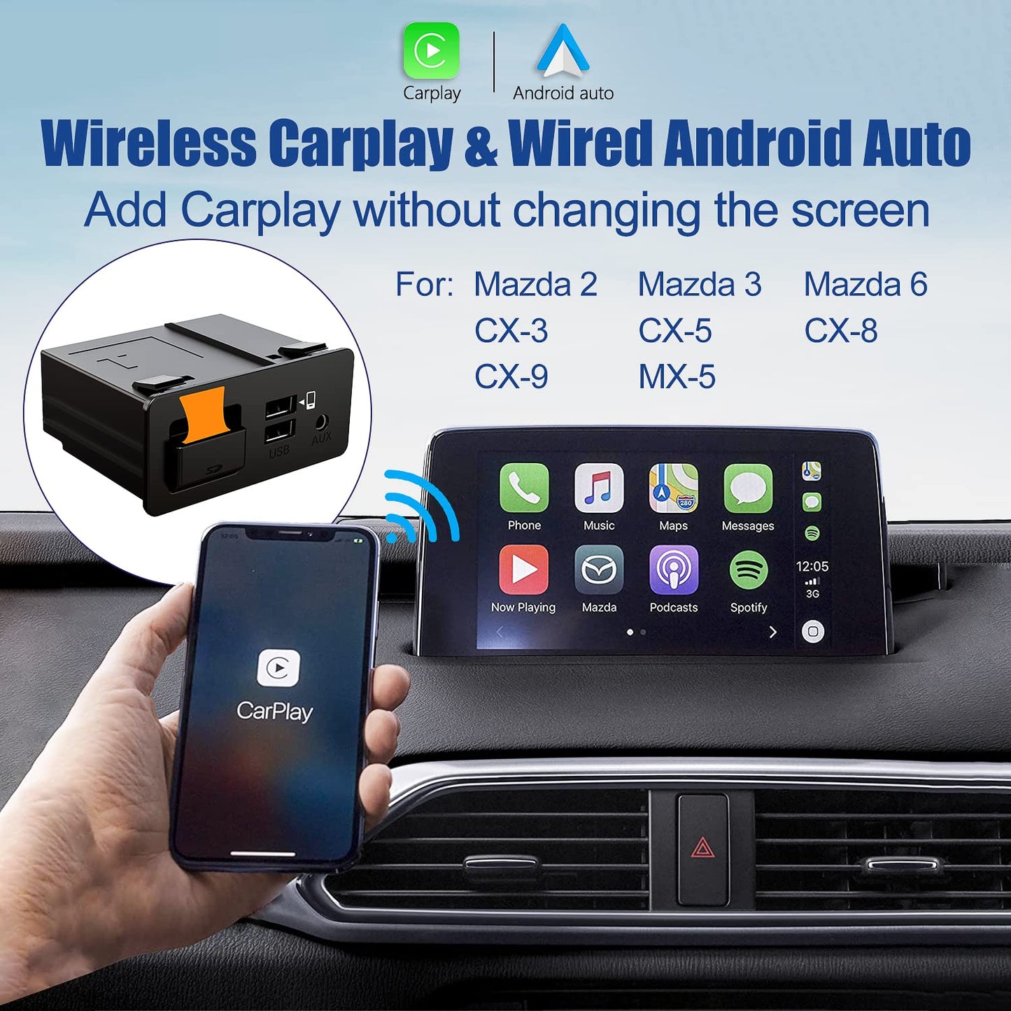 Kit de adaptación de CarPlay inalámbrico de Mazda, TK78-66-9U0C, hub USB OEM Compatible con el Sistema MZD Connect, Funciona con Mazda 3/6/CX3/CX5/CX9/MX5 2014-2019 (Solo soporta CarPlay inalámbrico)