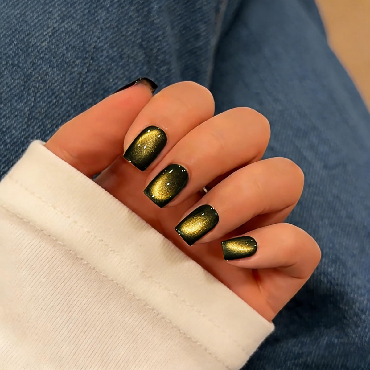 SXVME Uñas postizas de ojo de gato cortas, hechas a mano, cuadradas, gruesas, cromadas, negras y doradas, para mujer, para fiestas de cumpleaños, reutilizables, con imán y purpurina, 15 tamaños, 30 un