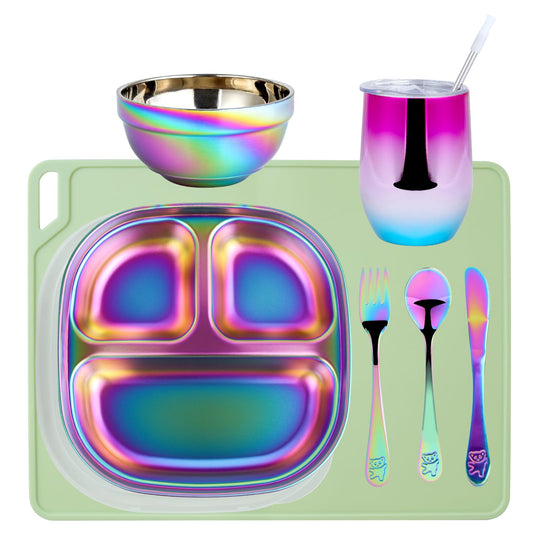 AODPWEN - Juego de platos de acero inoxidable para niños, juego de platos y cuencos para niños pequeños con cuchillo, tenedor, cuchara y taza, manteles individuales verdes