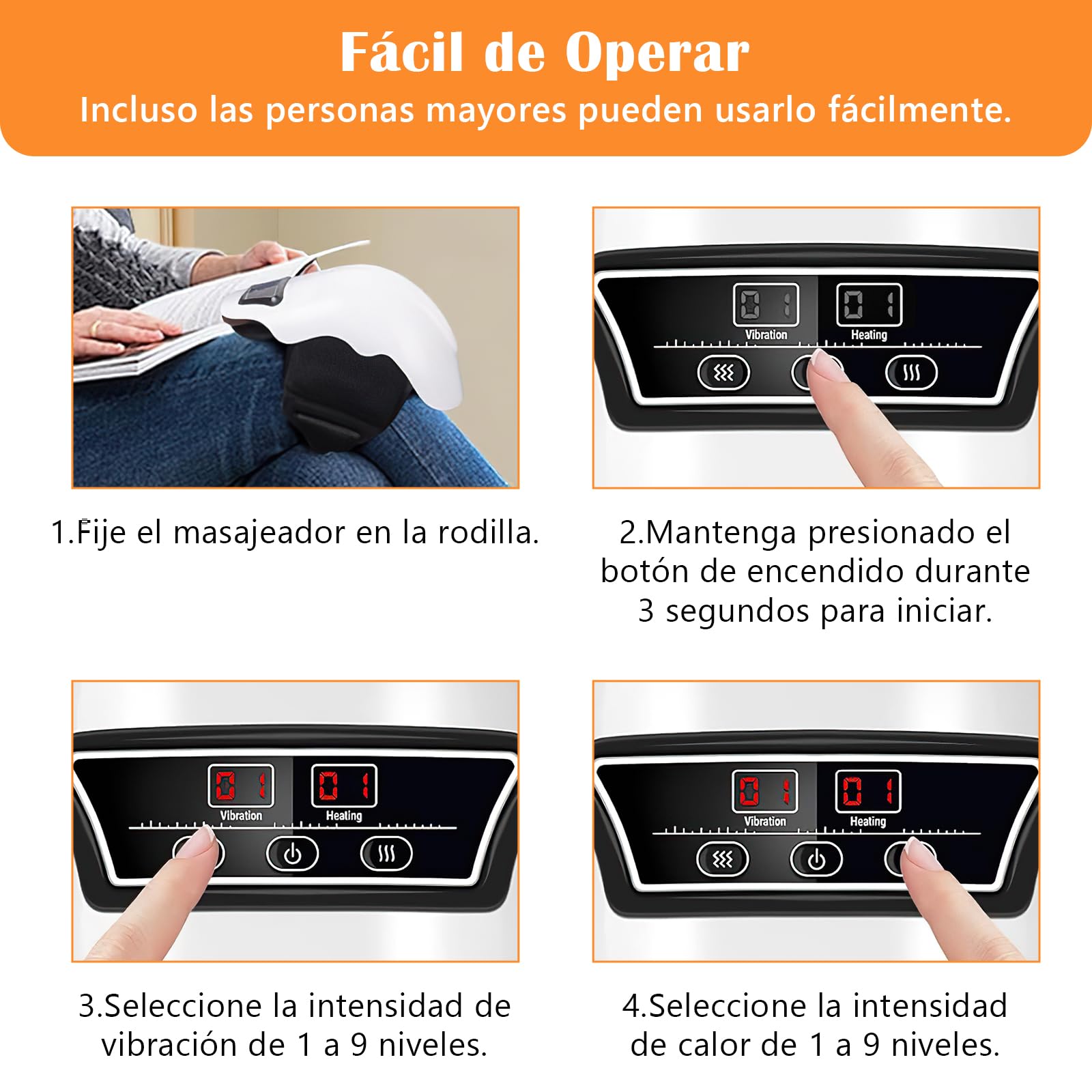 Masajeador de Rodilla,con 9 Niveles de Calor y Masaje Vibratorio,Alivia el Dolor Muscular,Simula el Amasado y Golpeteo de Las Manos Humanas,Transpirable y Cómodo,Sin Restricciones al Usar.