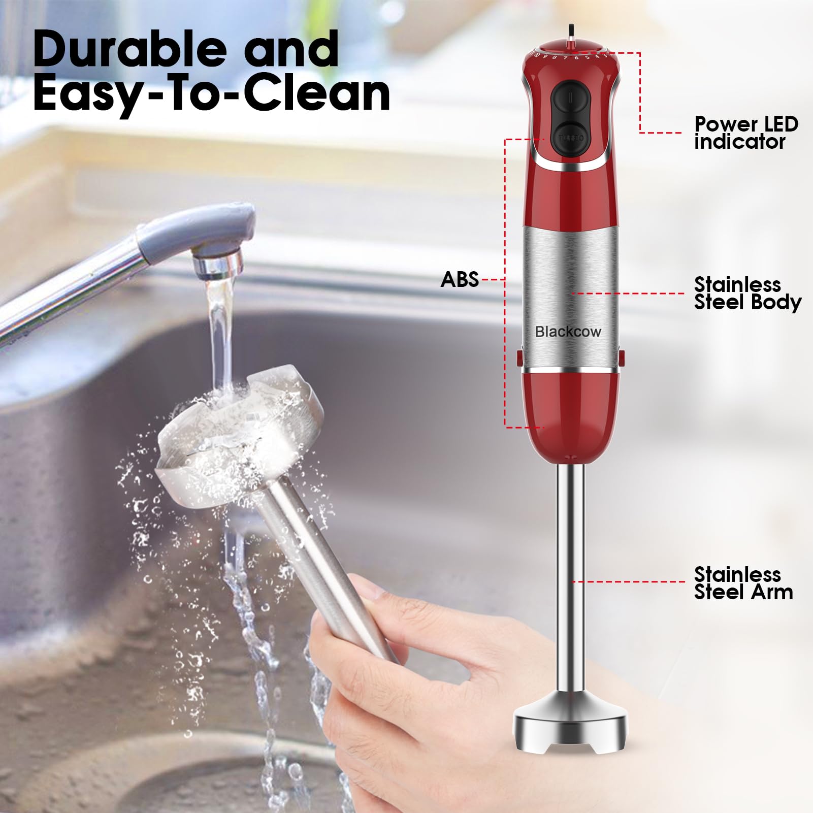 Blackcow Potente licuadora de inmersión 3.0, sin BPA, 800 W eléctrica licuadora de mano con 12 velocidades y turbo, licuadora de palo para sopa, licuado, puré, base desmontable, cuchillas 3D de acero