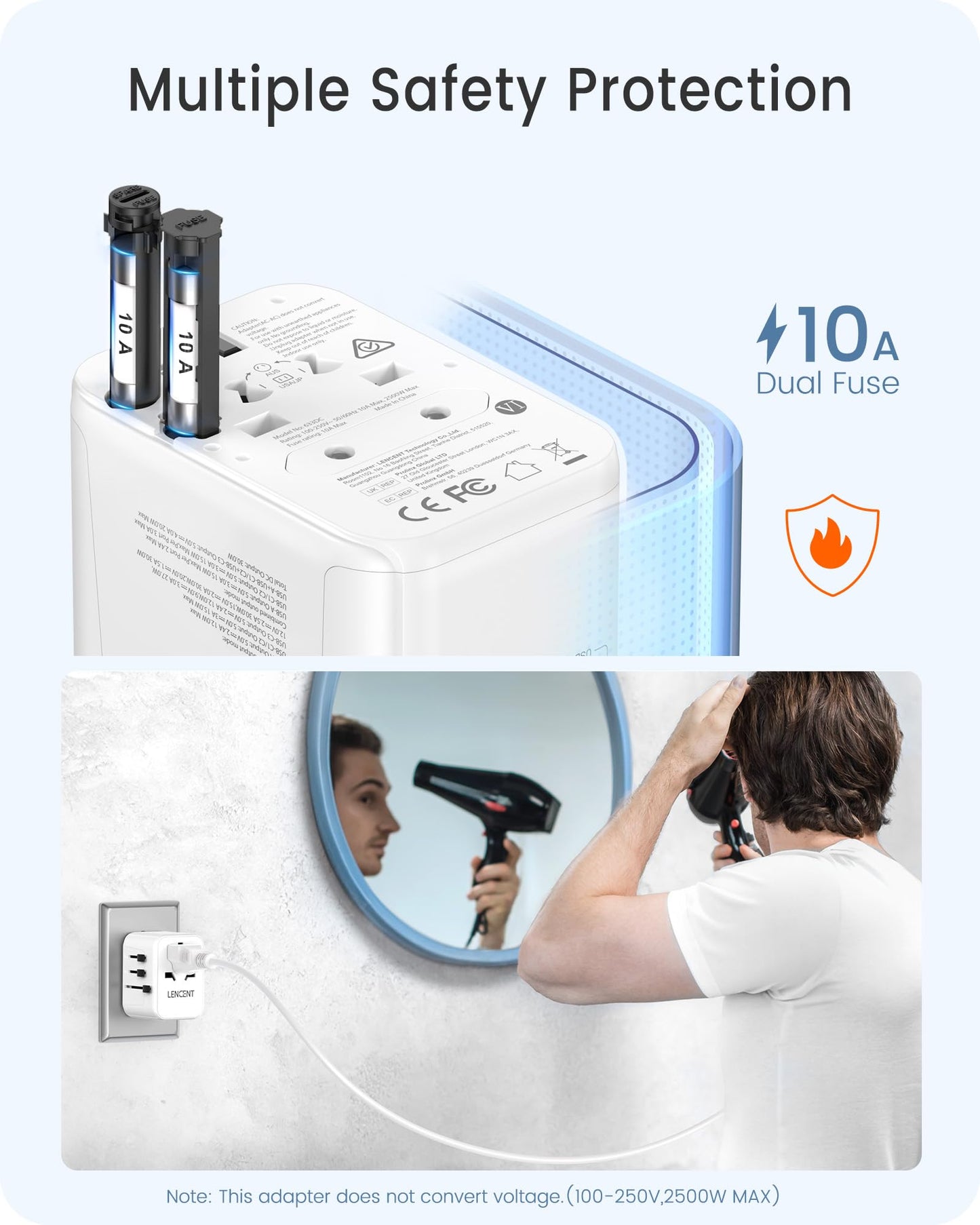 LENCENT Adaptador Universal de Viaje, Cargador Universal con 2 Puertos USB y 3 USB-C Carga Rápida PD 30W, Adaptador Internacional Enchufe Tipo A/C/G/I para USA, Reino Unido, Europa, Australia, Blanco