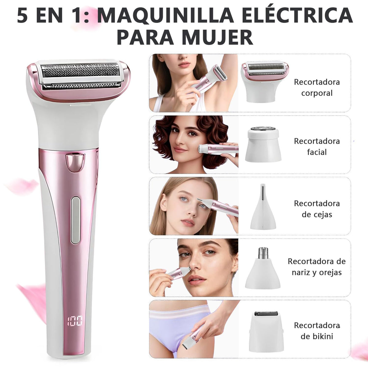 Rasuradora Eléctrica para Mujer 5 en 1, Rasuradora Recargable USB Pantalla Digital y Luz, Impermeable Húmedo Seco, Cabezales Intercambiables, Sin Dolor Sin Irritación para Bikini Axilas Piernas