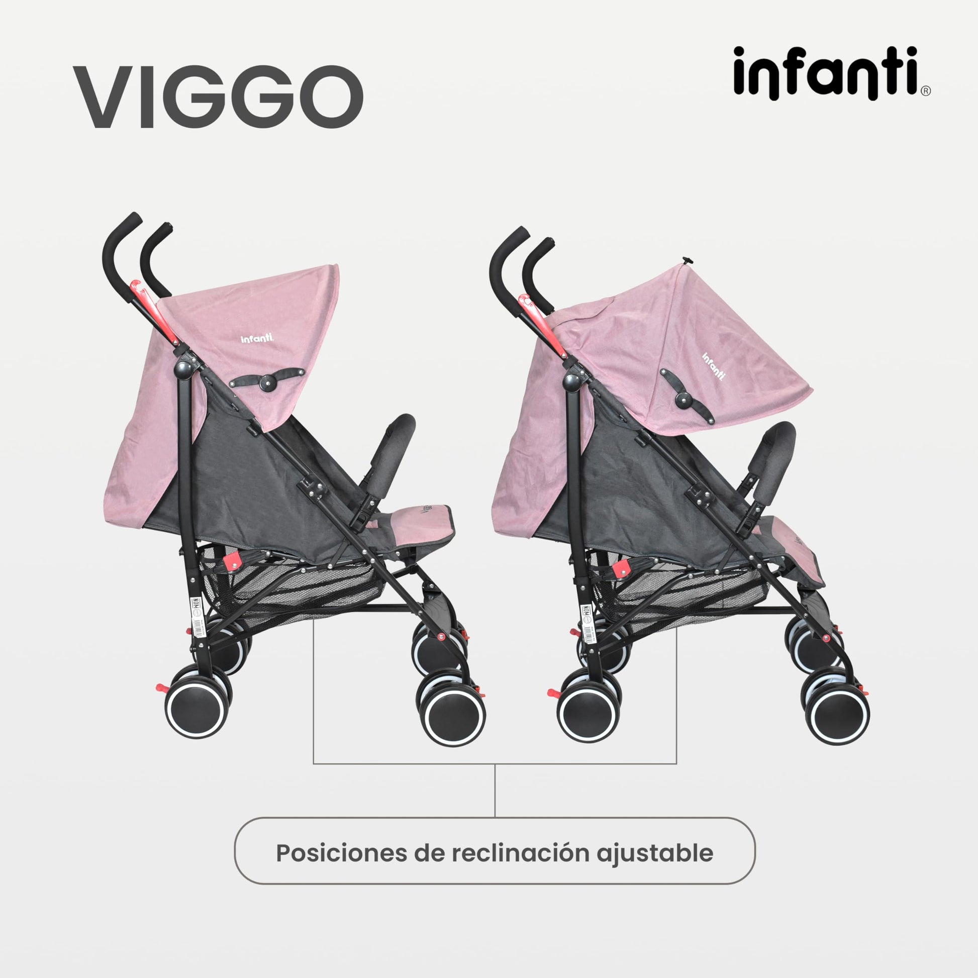 INFANTI | Carriola para Bebe VIGGO - Rosa | Carriola de Viaje - Carrito para Bebe | Cosas para Bebes 6 Meses hasta 20 kg - Compacta y Plegable | Carriola con Toldo extensible y Arnés de Seguridad