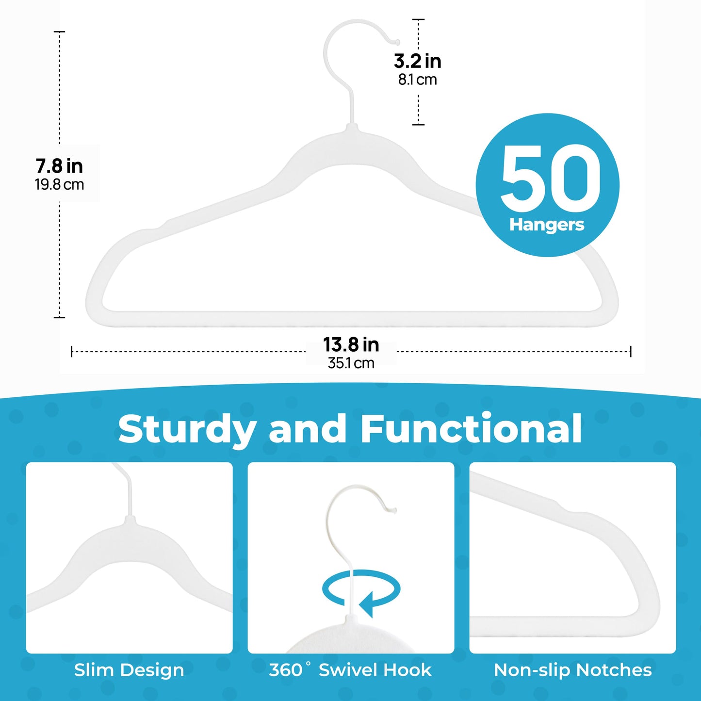 Fontaines Luxury Kid's White Velvet Felt Non Slip Clothes Hangers 50 Pack - Ultra Slim & Space Saving - Heavy Duty Swivel Black Hook for Children's Clothing, Shirt, Dress, Skirt & Pants Organization