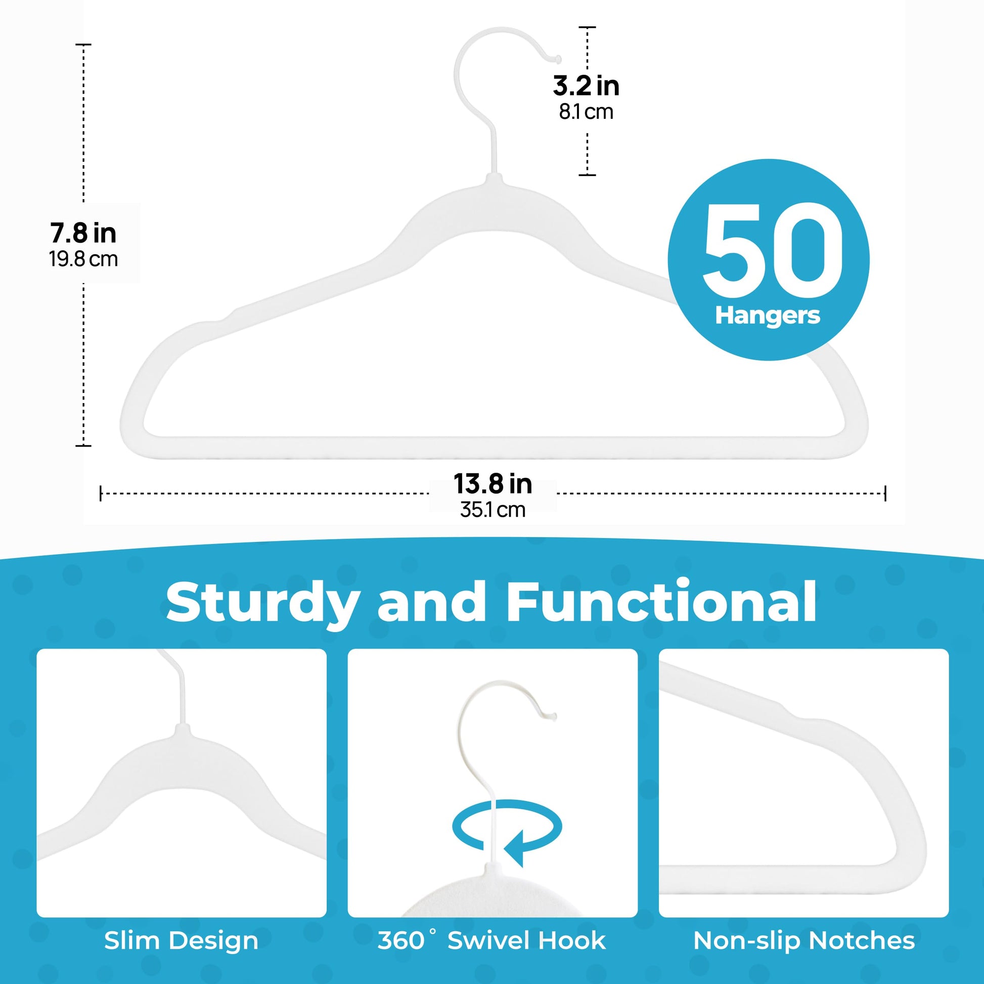 Fontaines Luxury Kid's White Velvet Felt Non Slip Clothes Hangers 50 Pack - Ultra Slim & Space Saving - Heavy Duty Swivel Black Hook for Children's Clothing, Shirt, Dress, Skirt & Pants Organization