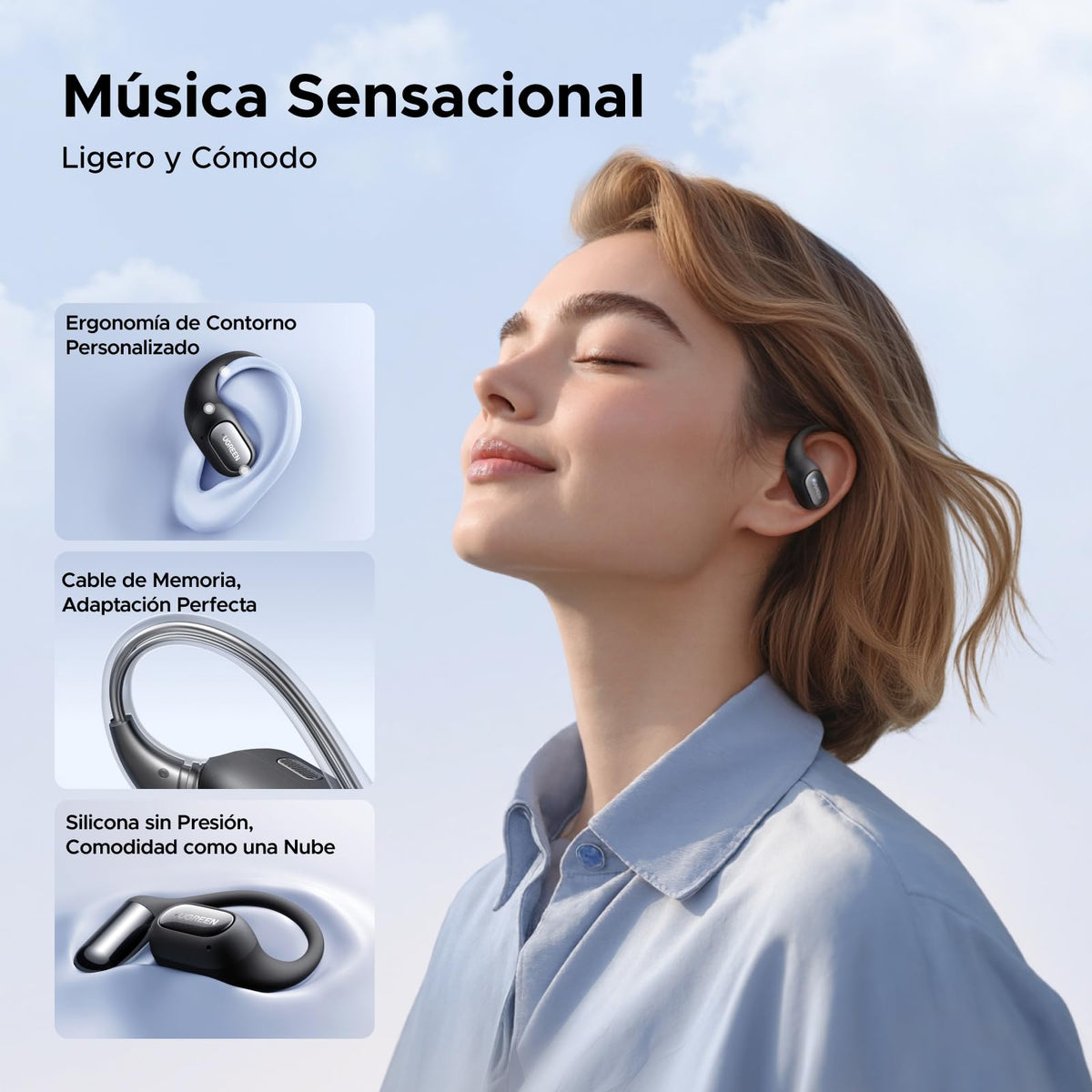 Audífonos Bluetooth UGREEN Open Ear 32H con 4 Micrófonos IA