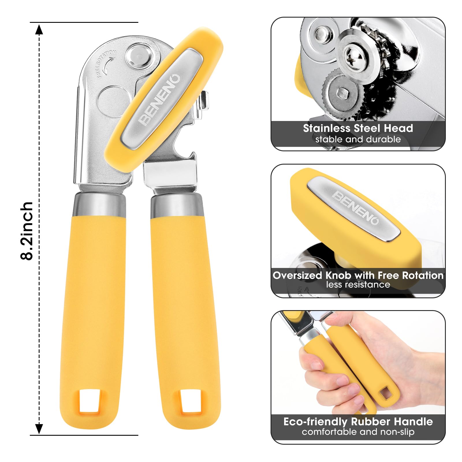 Beneno - Abrelatas manual con imán, abridor de latas de mano resistente con hoja afilada duradera y borde liso, gran perilla para ahorrar esfuerzo, mango de goma de agarre suave, abrebotellas