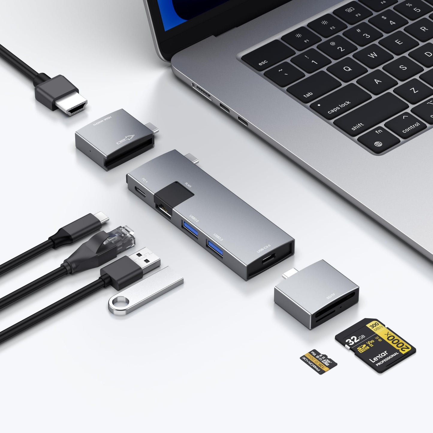 Hub USB C 7-en-2 para MacBook Thunderbolt 4 con HDMI 4K 60Hz Ethernet y Lector de Tarjetas MicroSD SD