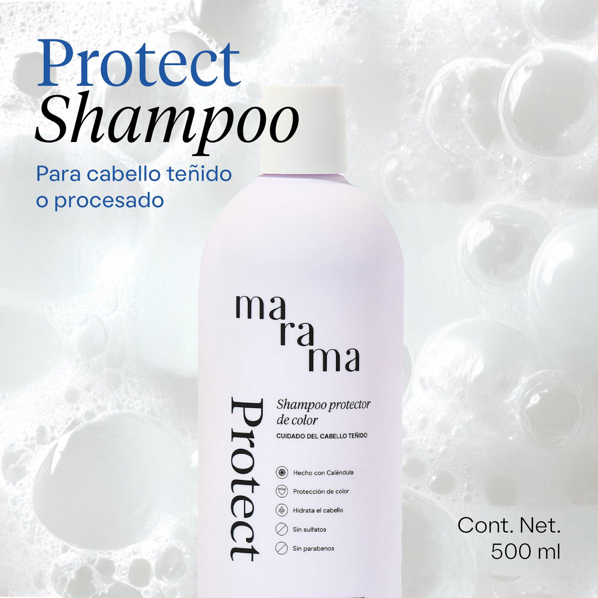 MARAMA | Protect Shampoo Para Cabello Teñido 500 ml – Contiene Aminoácidos y Caléndula Orgánica | Sin Sulfatos y Parabenos | Shampoo Antifrizz