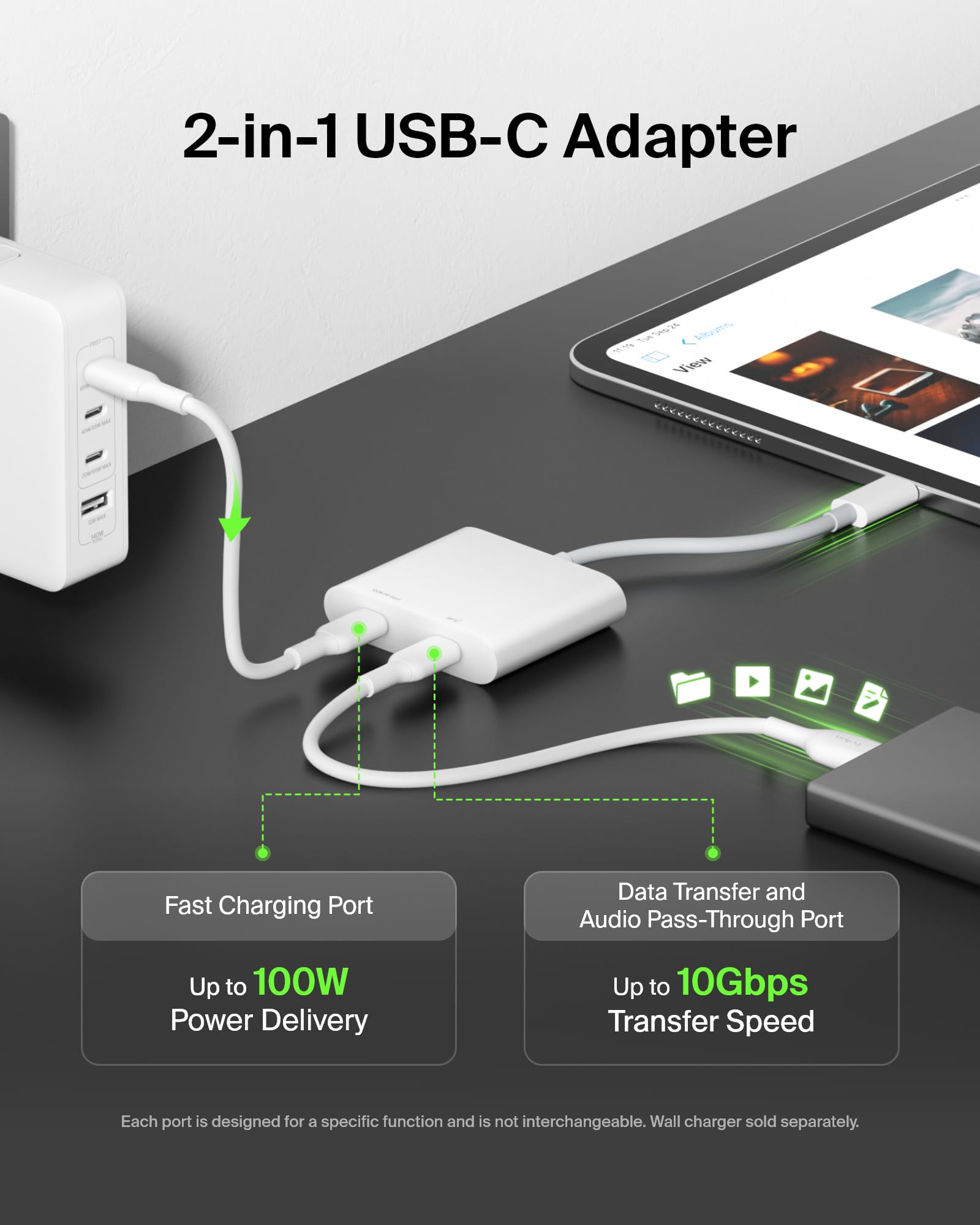 Belkin Connect USB-C Power & Data Splitter, concentrador de Doble Puerto con 1 Puerto USB-C 3.2 Gen2 y 1 Puerto PD de 100 W para Carga simultánea y Transferencia de Datos para iPhone, iPad, Nintendo
