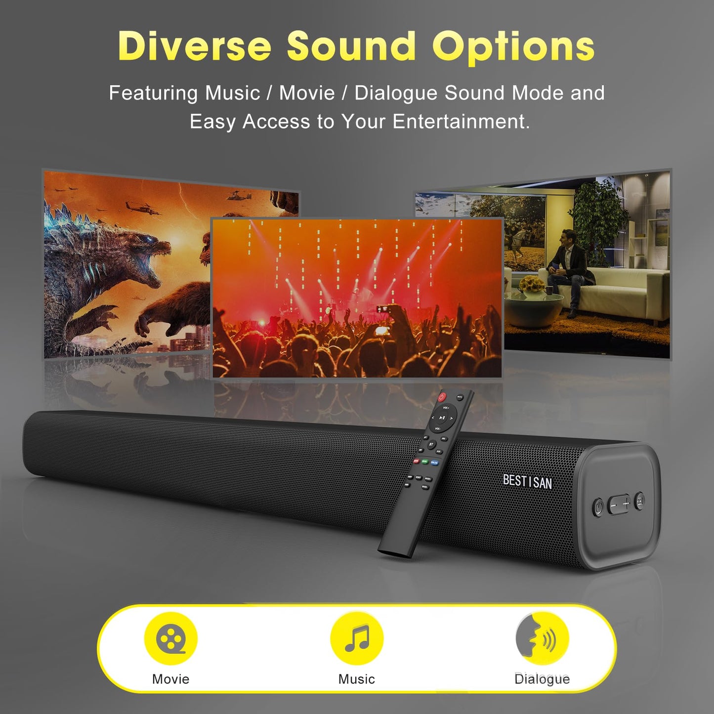 BESTISAN Barras de Sonido de 100 W para TV, Barra de Sonido con Bluetooth, HDMI-ARC, óptica, Entrada AUX, Sistema de Sonido para Altavoces de TV, Cine en casa, proyectores