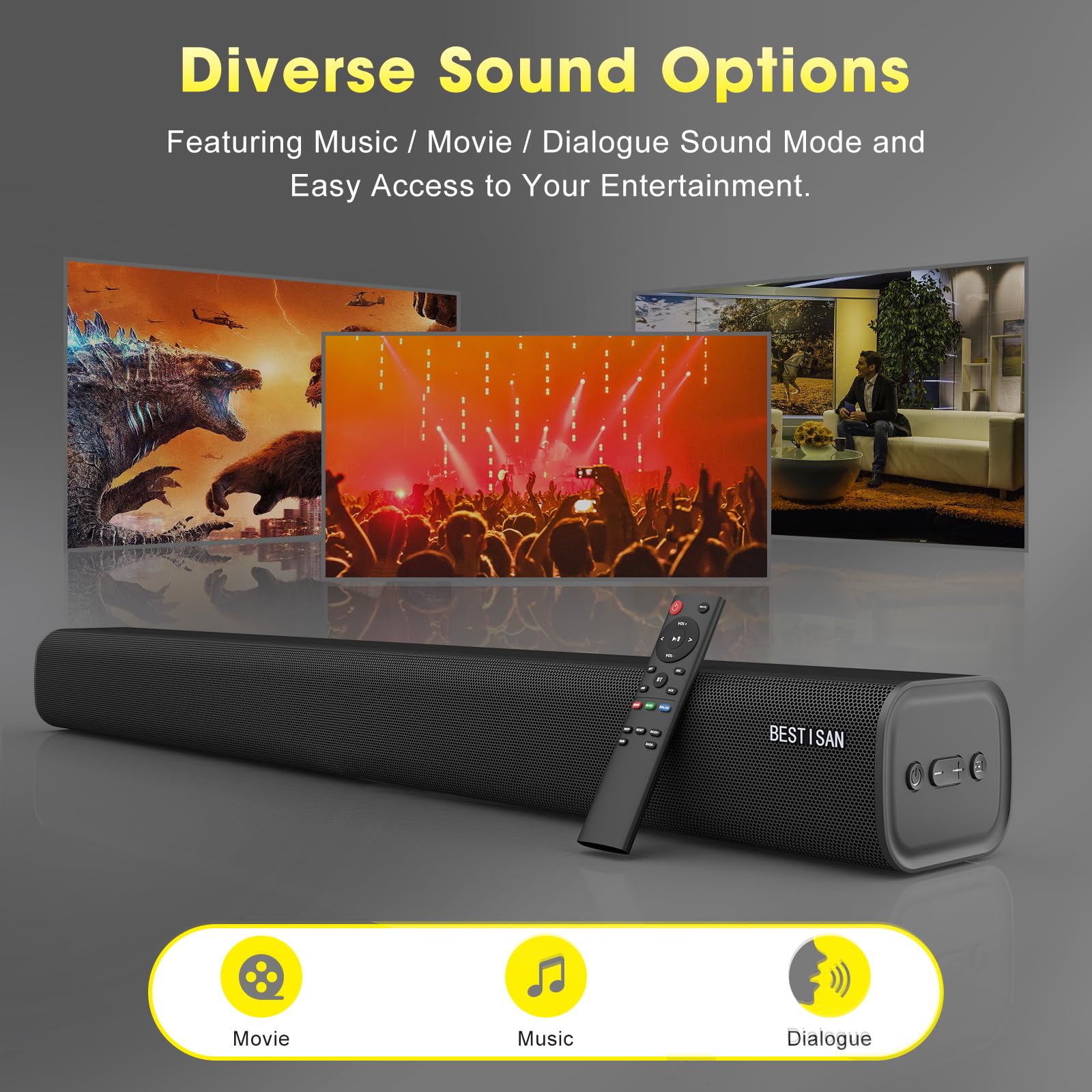 BESTISAN Barras de Sonido de 100 W para TV, Barra de Sonido con Bluetooth, HDMI-ARC, óptica, Entrada AUX, Sistema de Sonido para Altavoces de TV, Cine en casa, proyectores