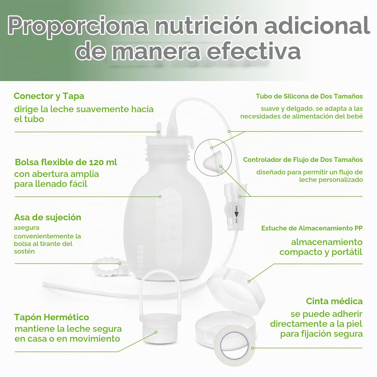 haakaa Set de Tubo y Bolsa para Alimentación Suplementaria, Sistema de Lactancia Suplementaria para Bebés, Sistema de Lactancia SNS, Silicona de Grado Alimenticio, Nuevo Diseño Mejorado con Control de
