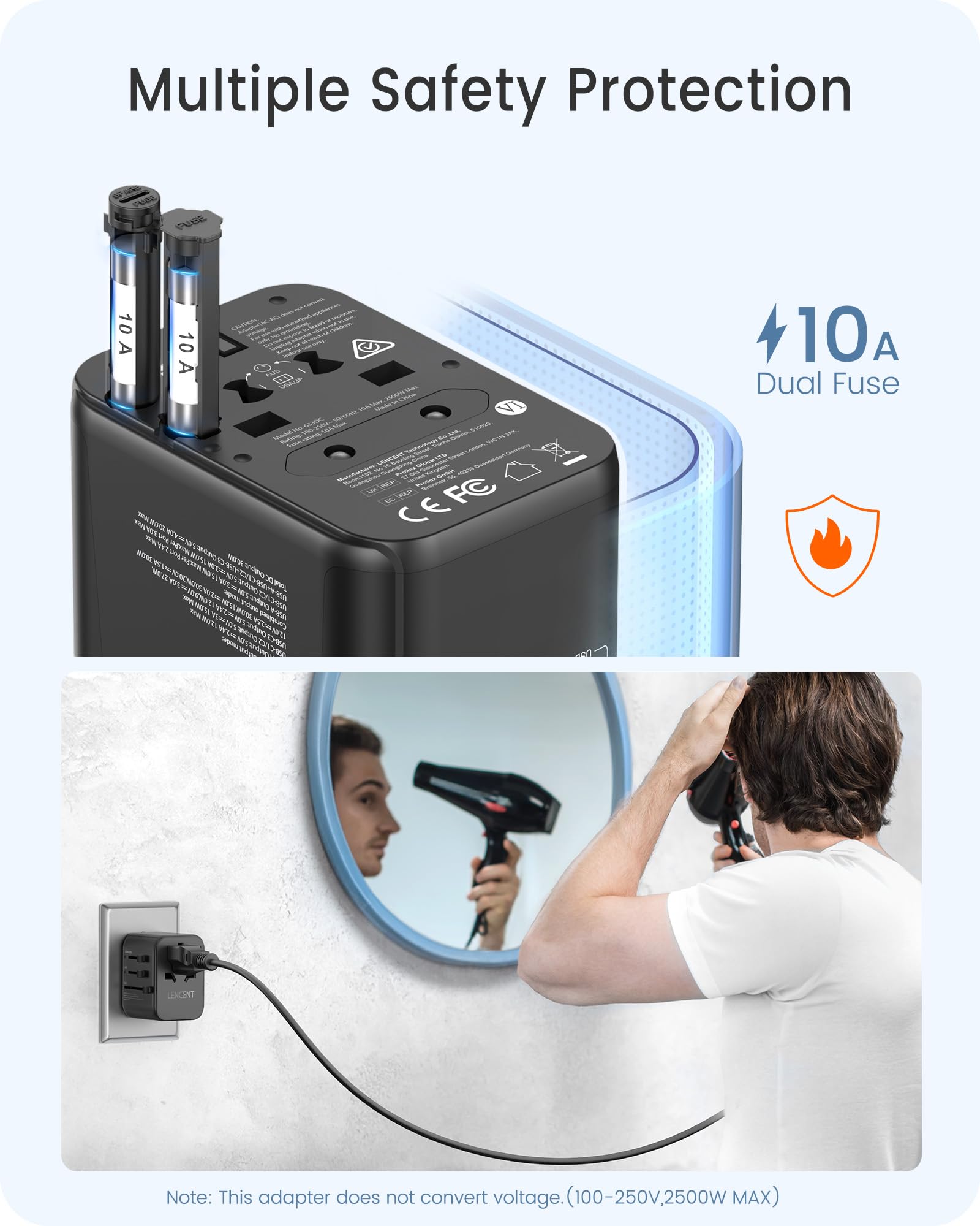 LENCENT Adaptador Universal de Viaje, Cargador Universal con 2 Puertos USB y 3 USB-C Carga Rápida PD 30W, Adaptador Internacional Enchufe Tipo A/C/G/I para USA, Reino Unido, Europa, Australia, Negro