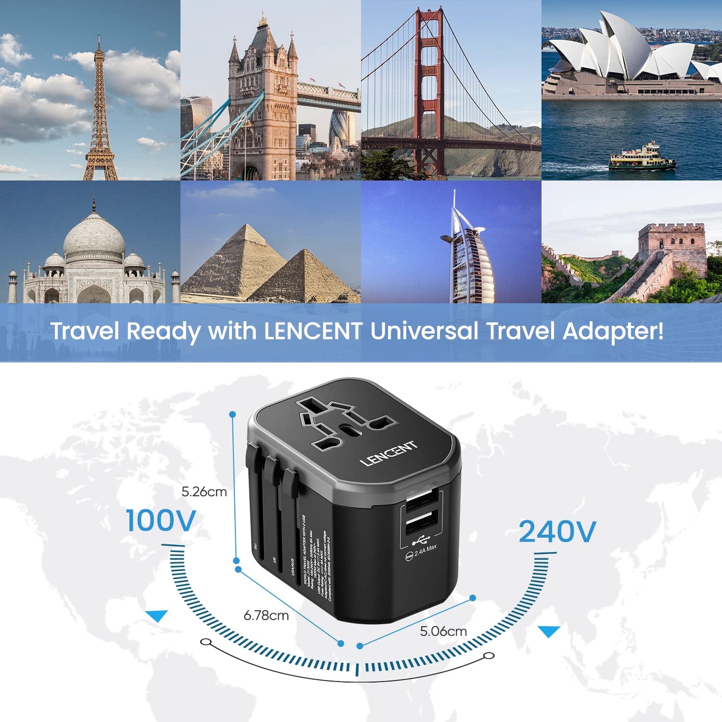 LENCENT Adaptador Enchufe de Viaje Universal, Cargador Internacional de 2 Puertos USB, Enchufe Tipo A/C/G/I para Más de 200 Países (EE. UU./Reino Unido/UE/Australia/Argentina/China), Negro
