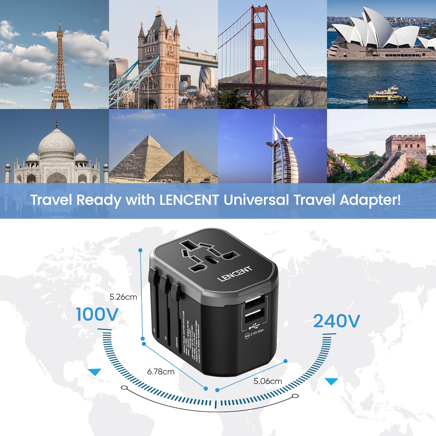 LENCENT Adaptador Enchufe de Viaje Universal, Cargador Internacional de 2 Puertos USB, Enchufe Tipo A/C/G/I para Más de 200 Países (EE. UU./Reino Unido/UE/Australia/Argentina/China), Negro