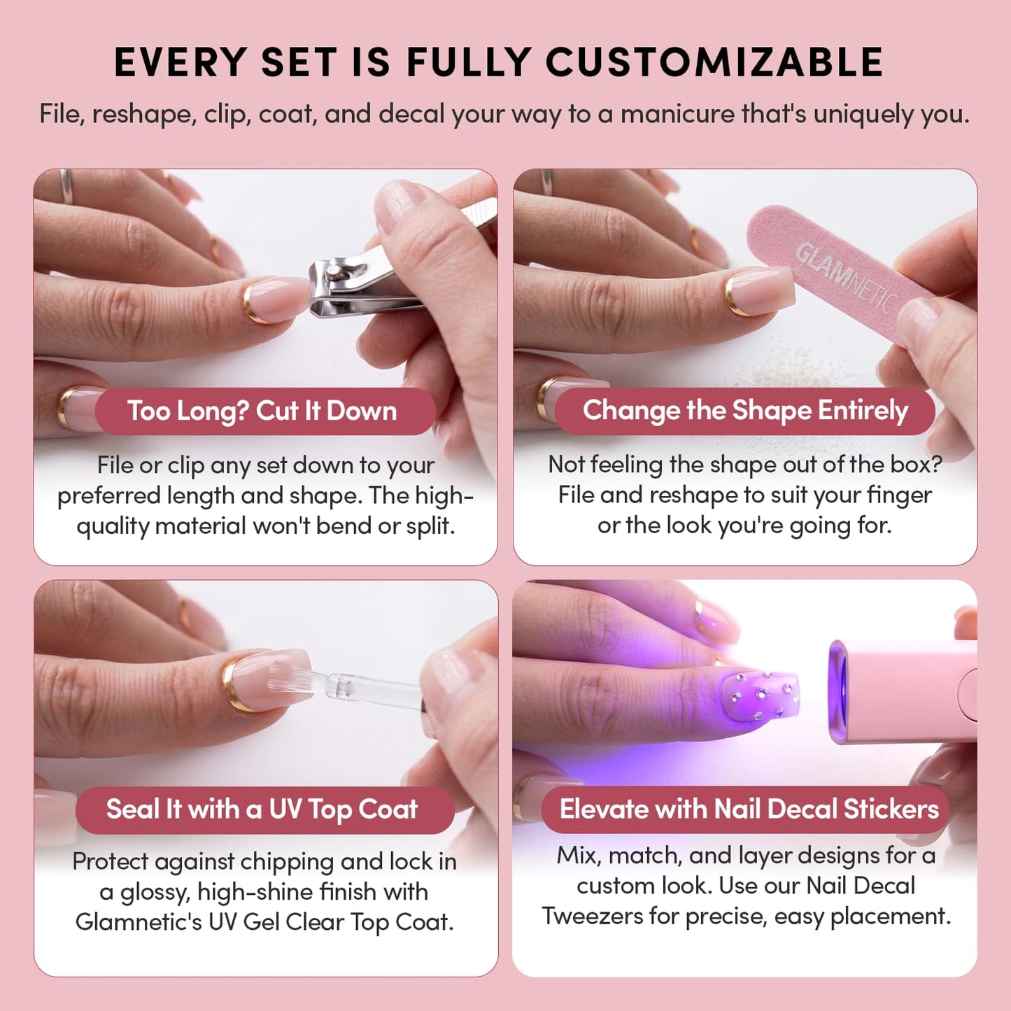 Glamnetic Uñas Postizas - Red Affair | Uñas Cortas Almendradas Rojas Con Purpurina Y Punta Francesa Con Acabado Brillante | 15 Tamaños - Kit De 30 Uñas Con Pegamento