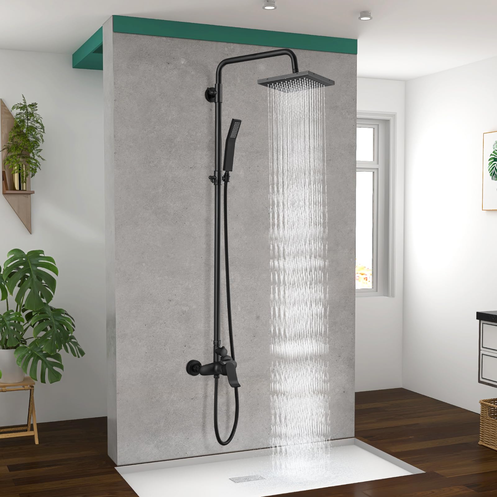 Heyalan - Sistema de ducha expuesto negro mate, doble función, llave de ducha de baño, 8 pulgadas, cuadrado, giratorio, cabezal de ducha de lluvia con juego completo ajustable de mano