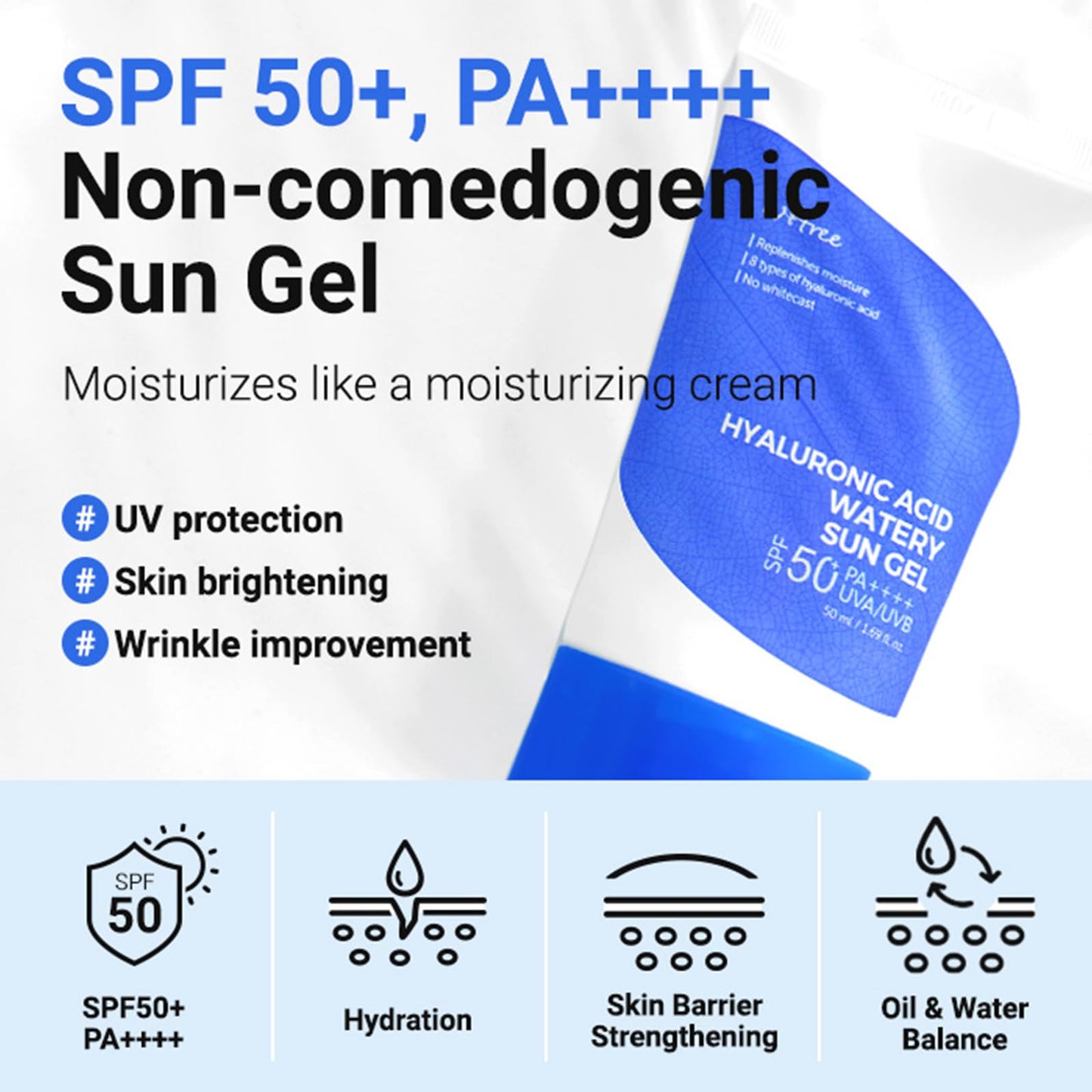 ISNTREE Hyaluronic Acid Watery Sun Gel 50 ml, Gel protector solar acuoso con 8 tipos de ácido hialurónico SPF 50+ PA++++ fuerte protección contra los rayos UVA y UVB