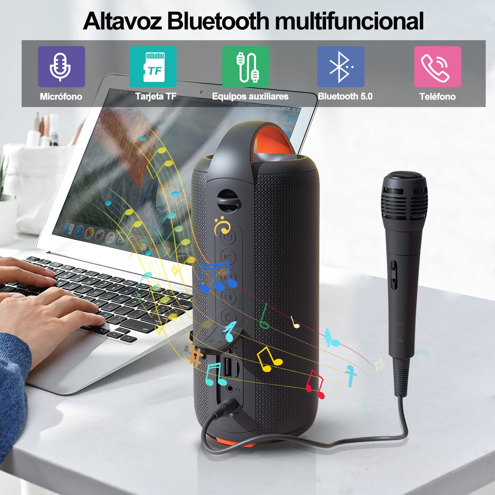Bocina Bluetooth, Altavoz Portátil Impermeable IPX6, Mini Bocina de RGB, Sonido Estéreo TWS, Batería de 5200 mAh Larga Reproducción, Altavoz Bluetooth 5.0 con Correa Portable para Viaje, Fiesta, Hogar