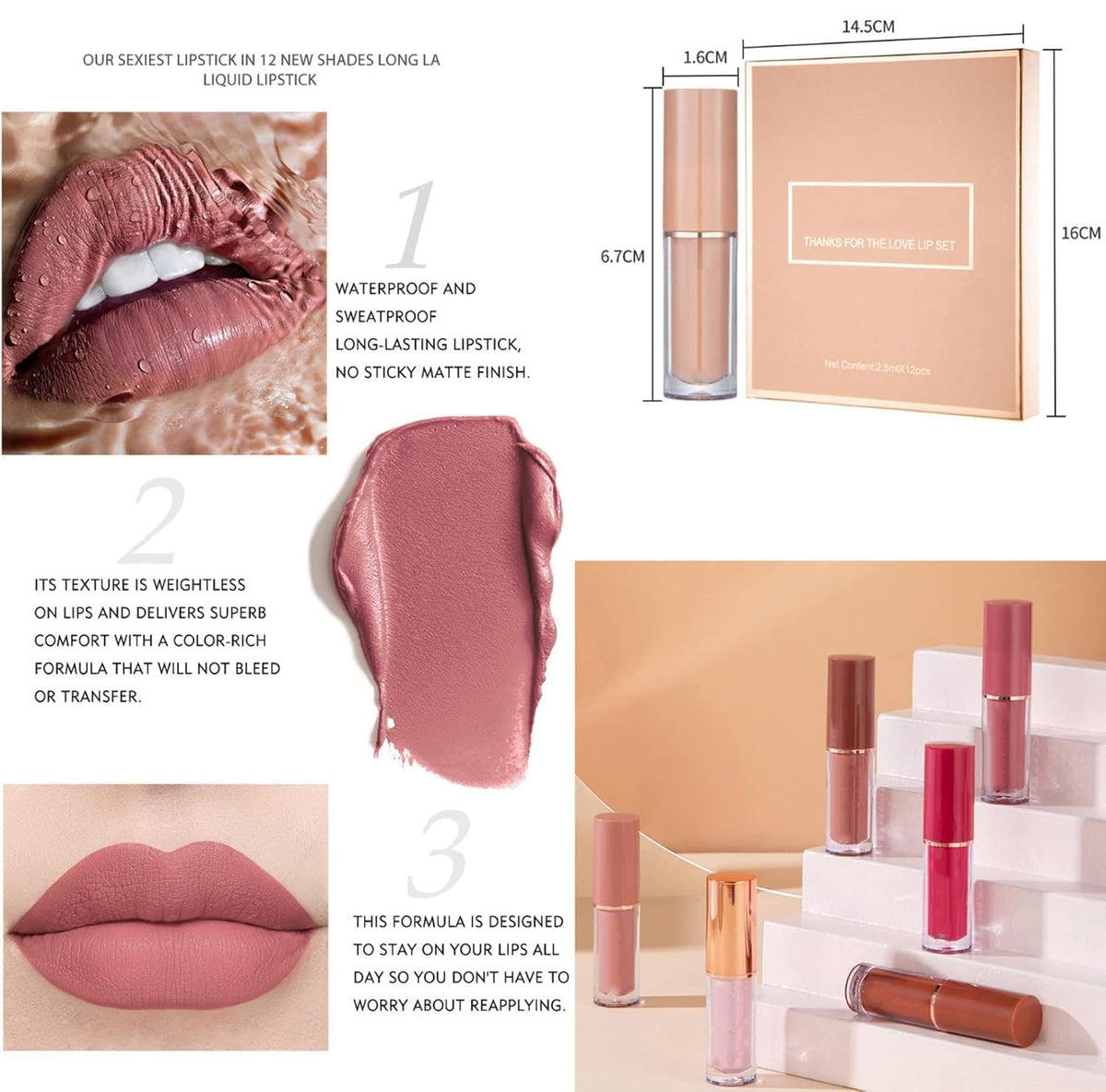 12 Piezas Kit Lápiz Labial, Brillo de Labios Líquido Mate