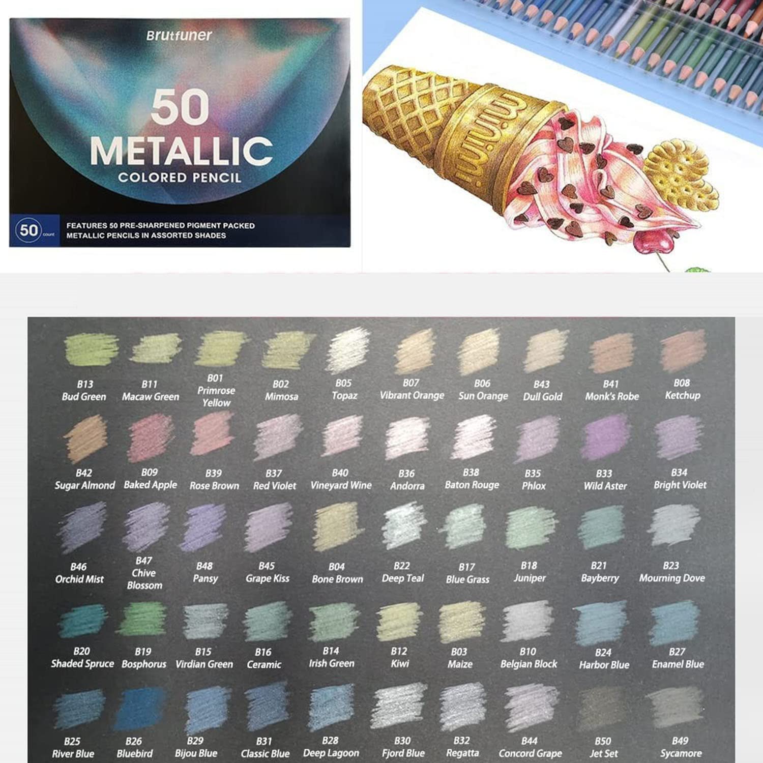Lapices de Colores Metálico Profesional, 50 Lápices de Colores para Colorear Dibujo Esbozos, Núcleo blando, Numerados, uego de Lápices Para Colorear Para Artistas