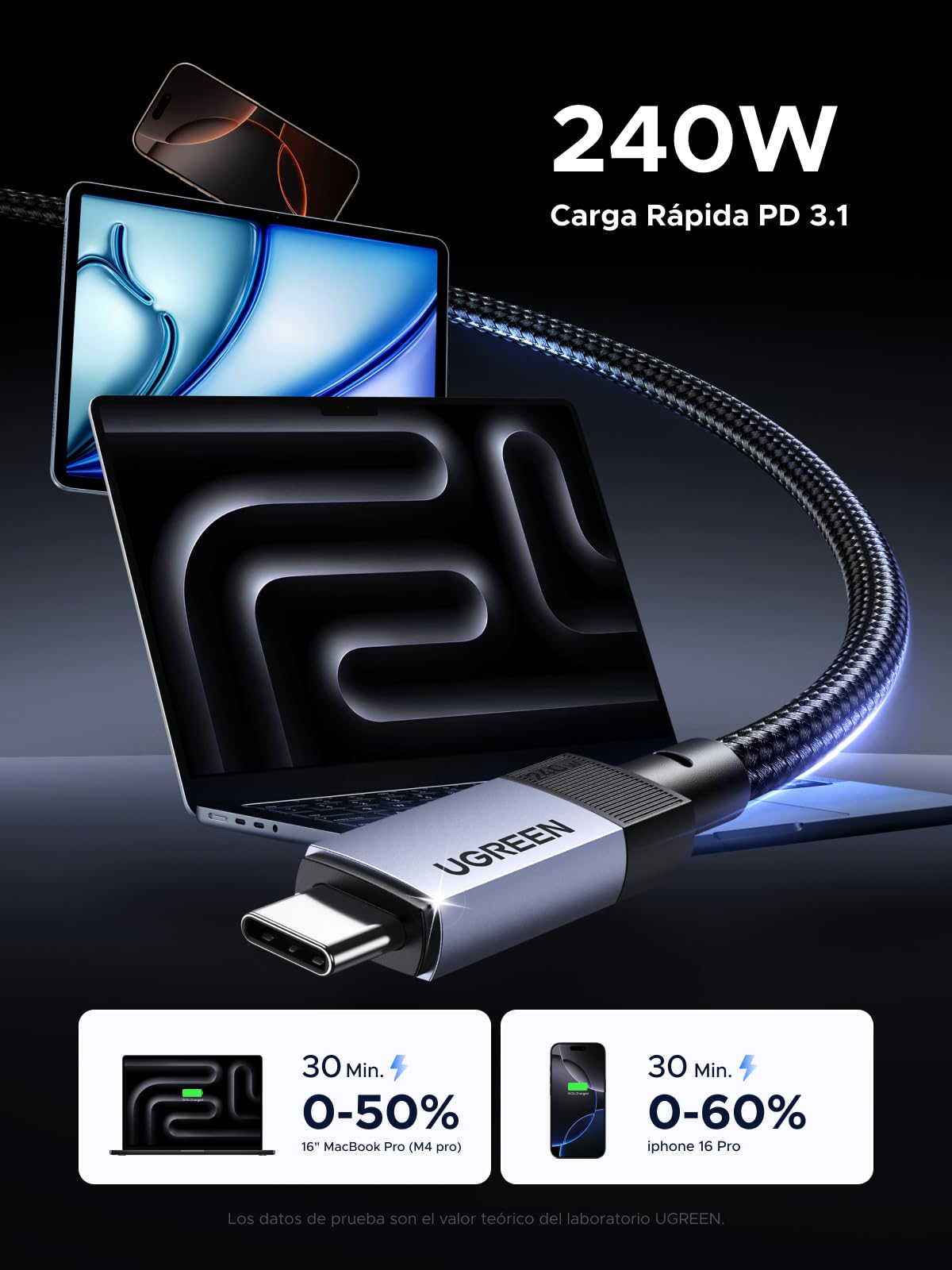 Cable de Datos UGREEN USB C Negro 240W Carga Rápida PD 3.1 10Gbps 4K 60Hz 1M