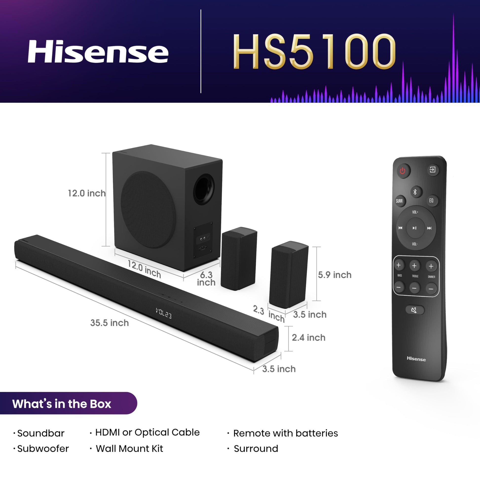 Hisense HS5100-5.1 Canal 540 W Barra de Sonido con subwoofer inalámbrico de 6.5 Pulgadas, 540 W de Potencia máxima de Audio, 5.3 Bluetooth inalámbrico, Alimentado por DTS Virtual: X, HDMI
