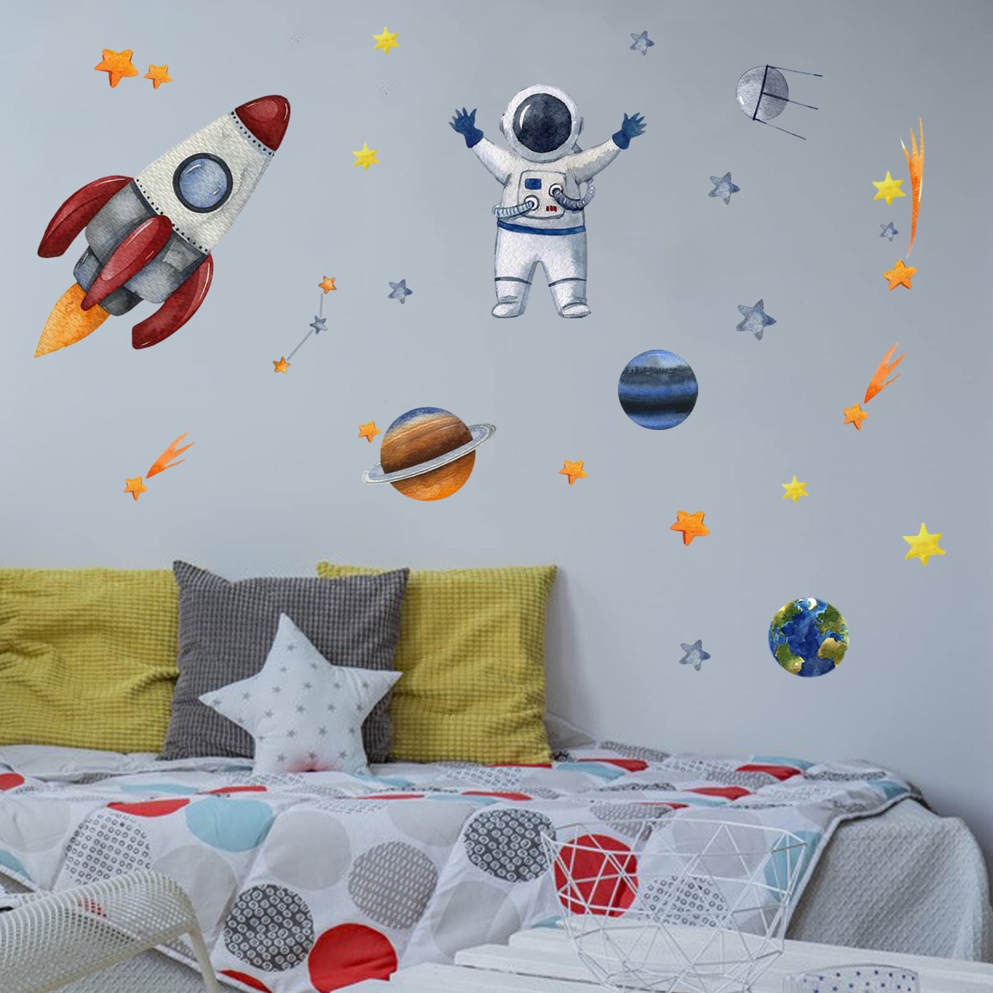 Yovkky Space Astronauta - Calcomanía de pared para naves espaciales, sistema solar galaxia, planeta, despegar, pegatina de acuarela, cohete, cosmonauta, astronave espacial, estrella, decoración del