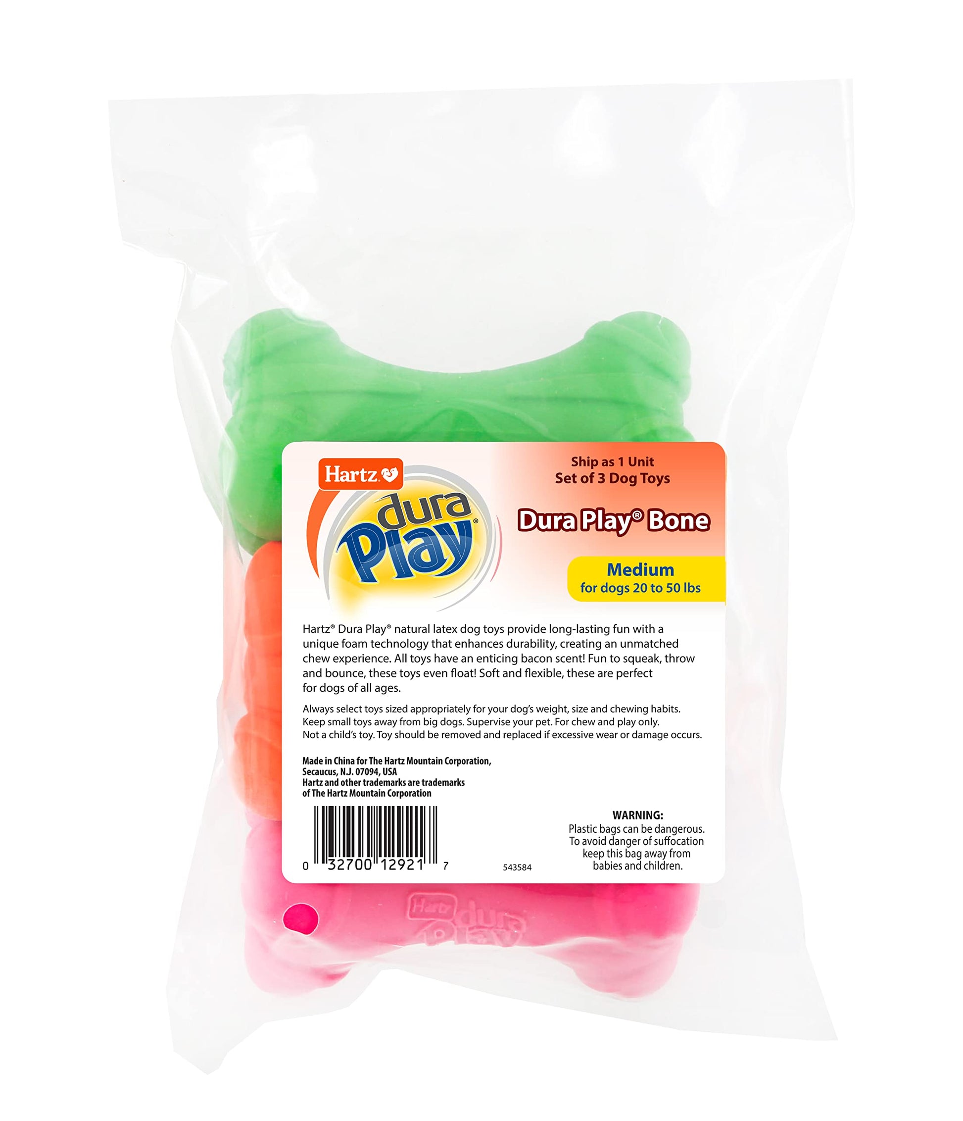 Hartz DuraPlay Bone Squeaky - Juguete de látex para Perro, Hueso Mediano, Paquete de 3