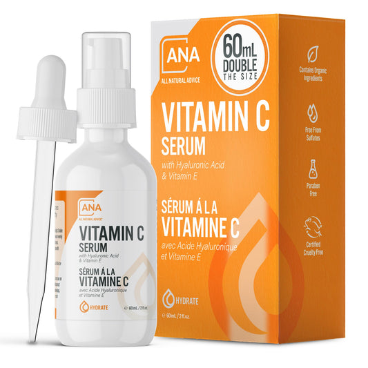 Suero de Vitamina C Orgánico 20% 60ml con Vitamina E y Ácido Hialurónico. Hidratante antiedad para piel sensible, arrugas y manchas. ¡Potencia tu rutina con Derma Roller!