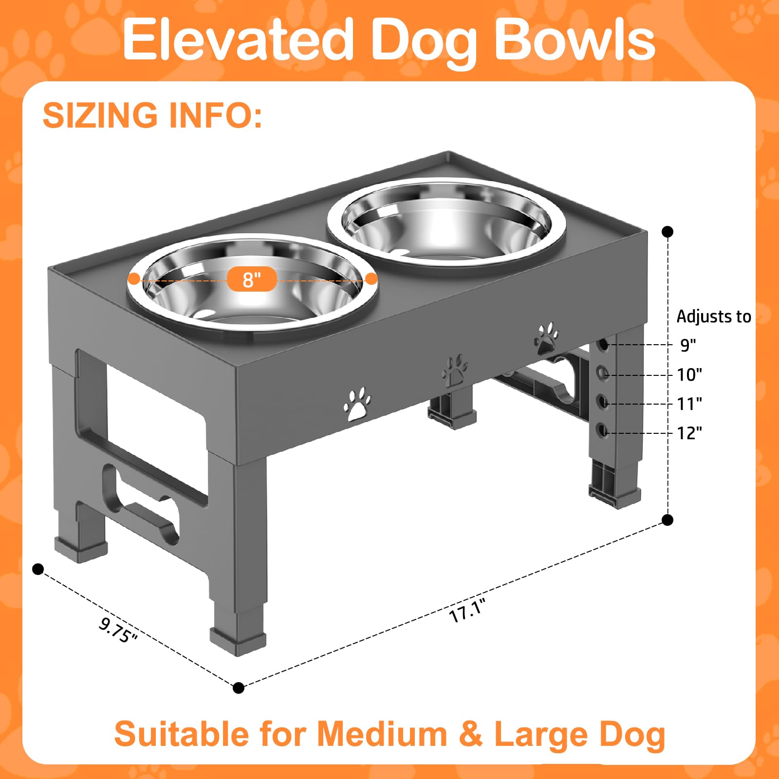 LAKIPETN - Cuencos elevados para perros con 2 cuencos de acero inoxidable para comida para perros, 5 cuencos elevados de altura ajustable que se ajusta a 3.1 pulgadas, 9 pulgadas, 10 pulgadas, 11 pulgadas, 12 pulgadas, plato antideslizante para perros peq