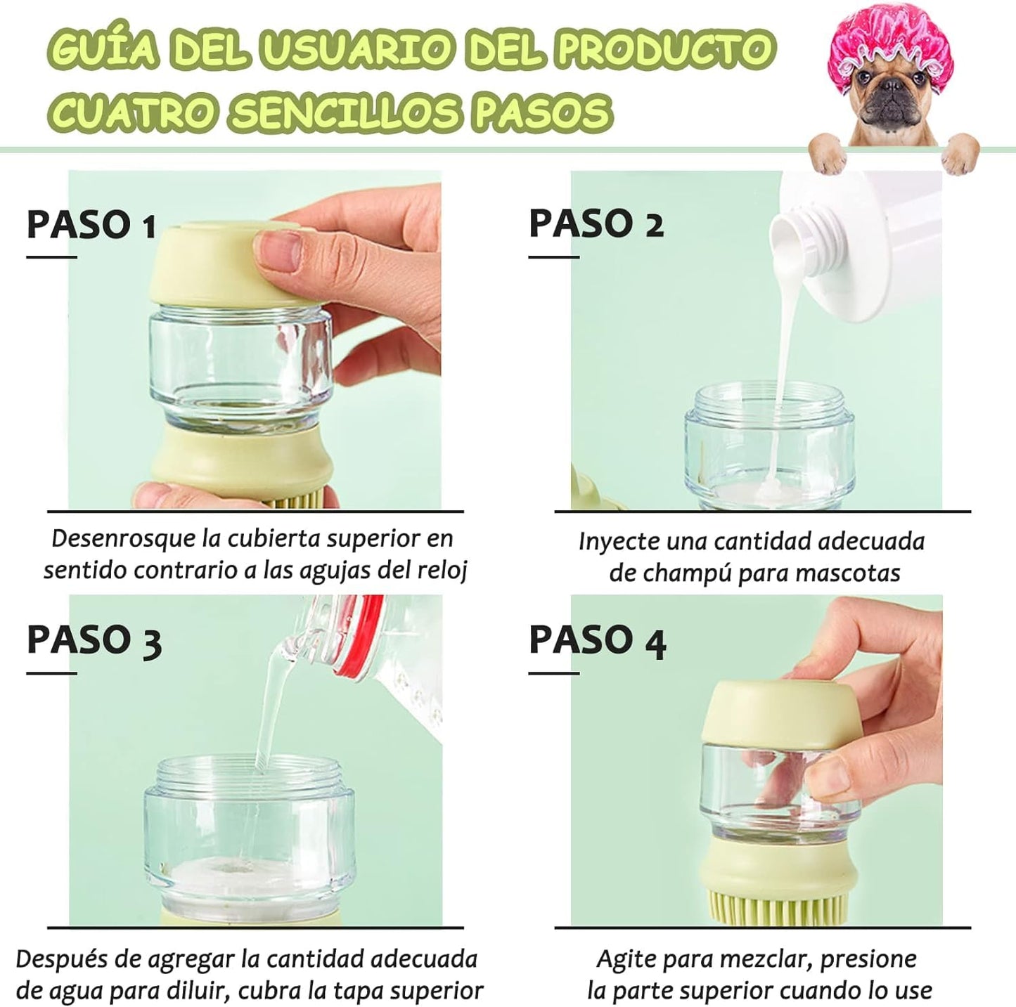 Cepillo de baño para mascotas, cepillo para perros con 2 cabezales de cepillo de silicona suave, dispensador de masaje de champú para mascotas para aseo de mascotas, cepillo de ducha para limpieza de cabello de perros y gatos(verde)