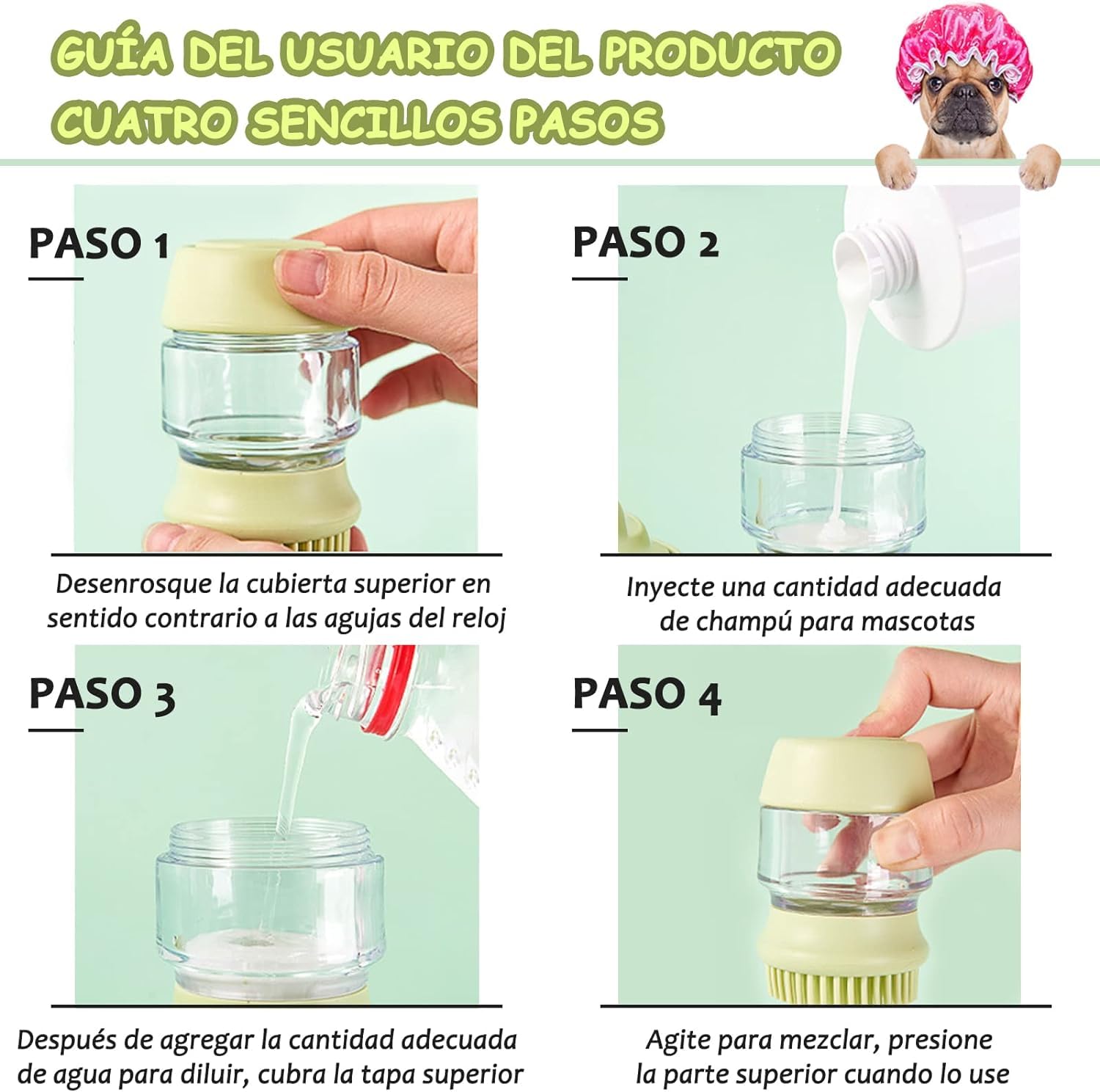 Cepillo de baño para mascotas, cepillo para perros con 2 cabezales de cepillo de silicona suave, dispensador de masaje de champú para mascotas para aseo de mascotas, cepillo de ducha para limpieza de cabello de perros y gatos(verde)
