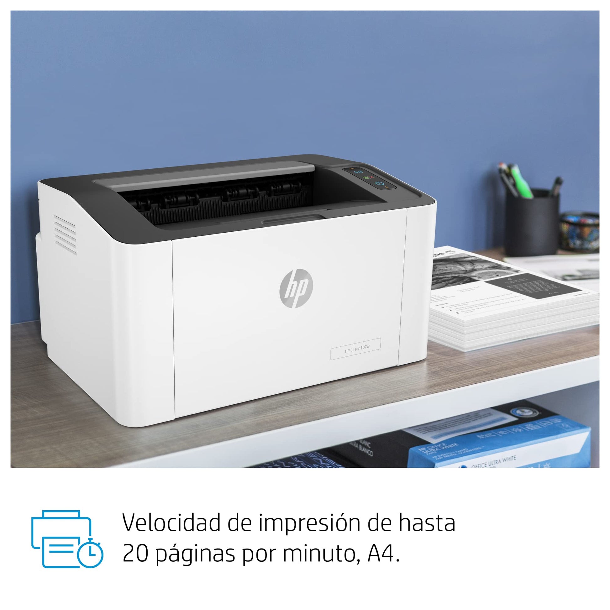 HP Impresora Laser 107w, Láser, Impresión en Negro, Wi-Fi, USB, Impresión y escanéo Smart App, Apple Air Print, Bandeja de 150 Hojas, Pantalla LED (4ZB78A)